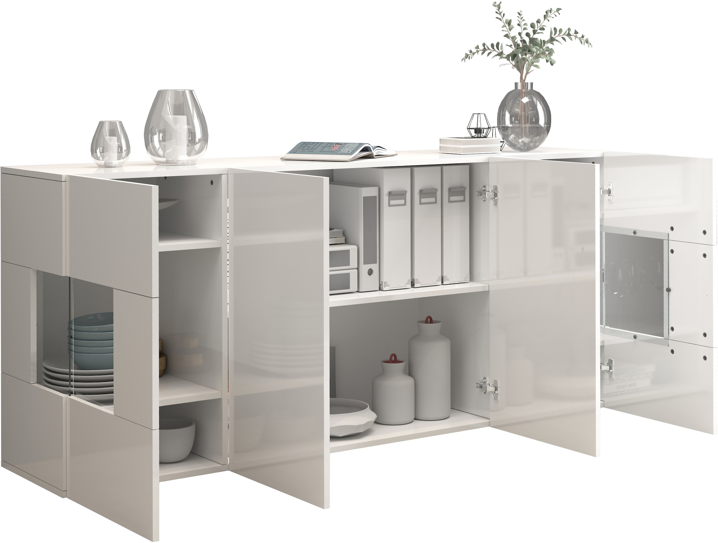 GOODproduct Sideboard »Egypt, Kommode, Schrank, Kredenz, Vitrine grifflos« 4 Türen davon 2 mit Glaseinsatz, kompl. Hochglanz lackiert, Breite 180