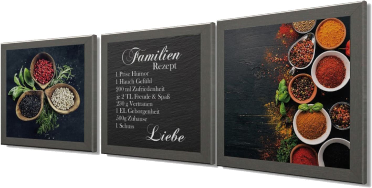 Bönninghoff Bild mit Rahmen »3er-Set gerahmte Bilder FAMILIENREZEPT 3x23x23 cm – Küche & Essen« Gewürze Set, 3 Stk. tlg. mehrteiliges Bilder-Set, harmonisch aufeinander abgestimmt