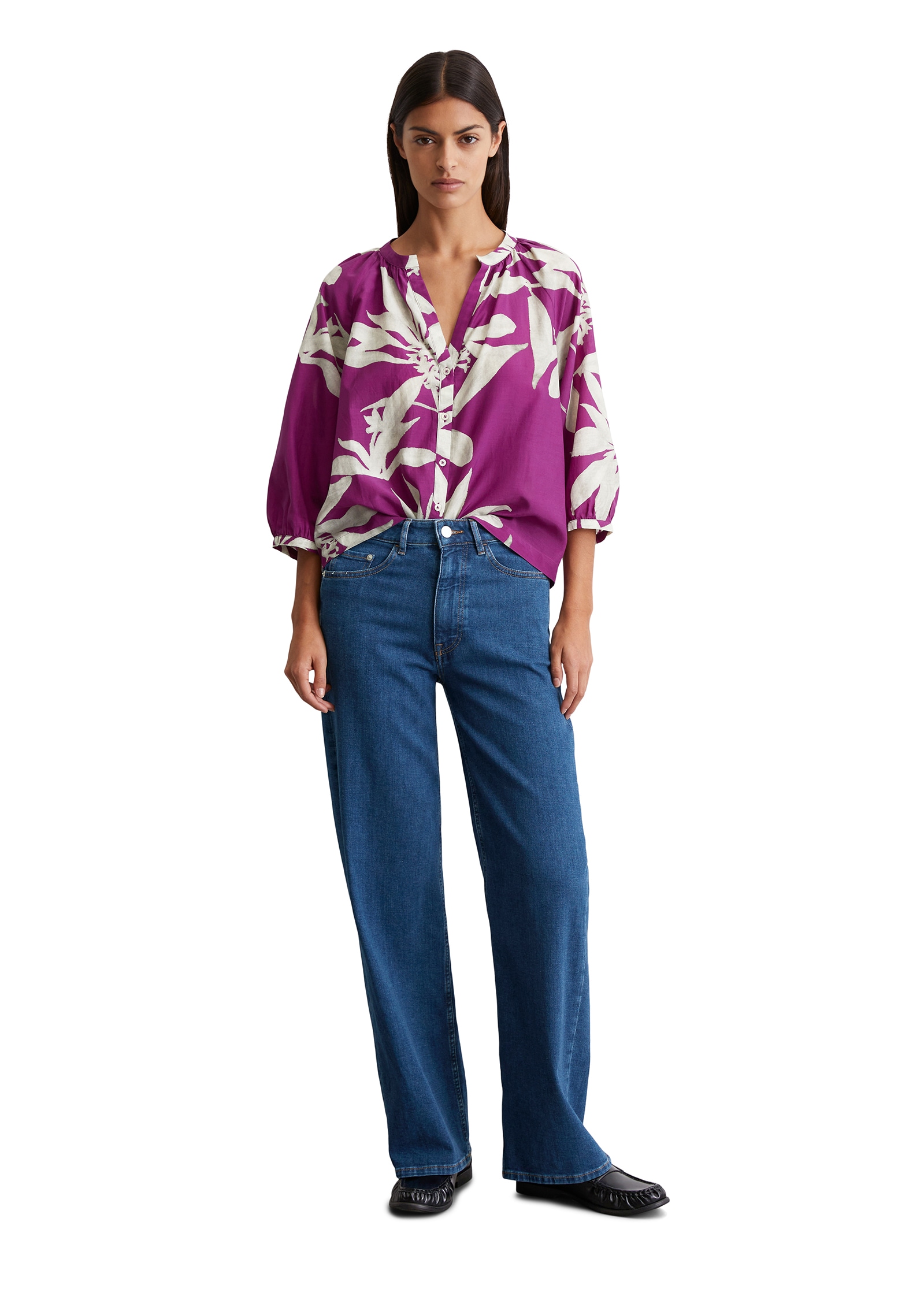 Marc O'Polo Druckbluse V-Ausschnitt und Raffung, Print