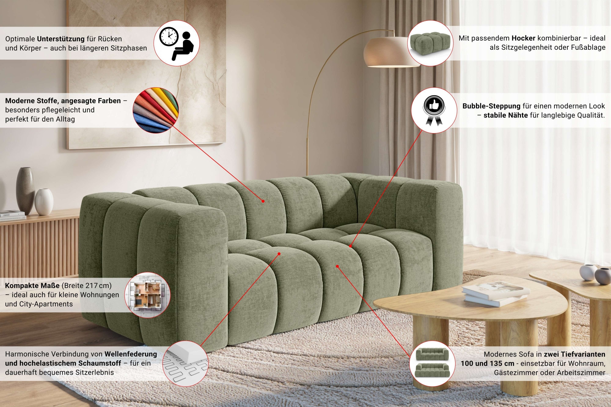 homsy by Ana Johnson 3-Sitzer »»L« BOUBELLE Design-Sofa, Bubble-Optik, Breite 217 cm« hoher Sitzkomfort dank Wellenunterfederung, L Sitztiefe 63 cm