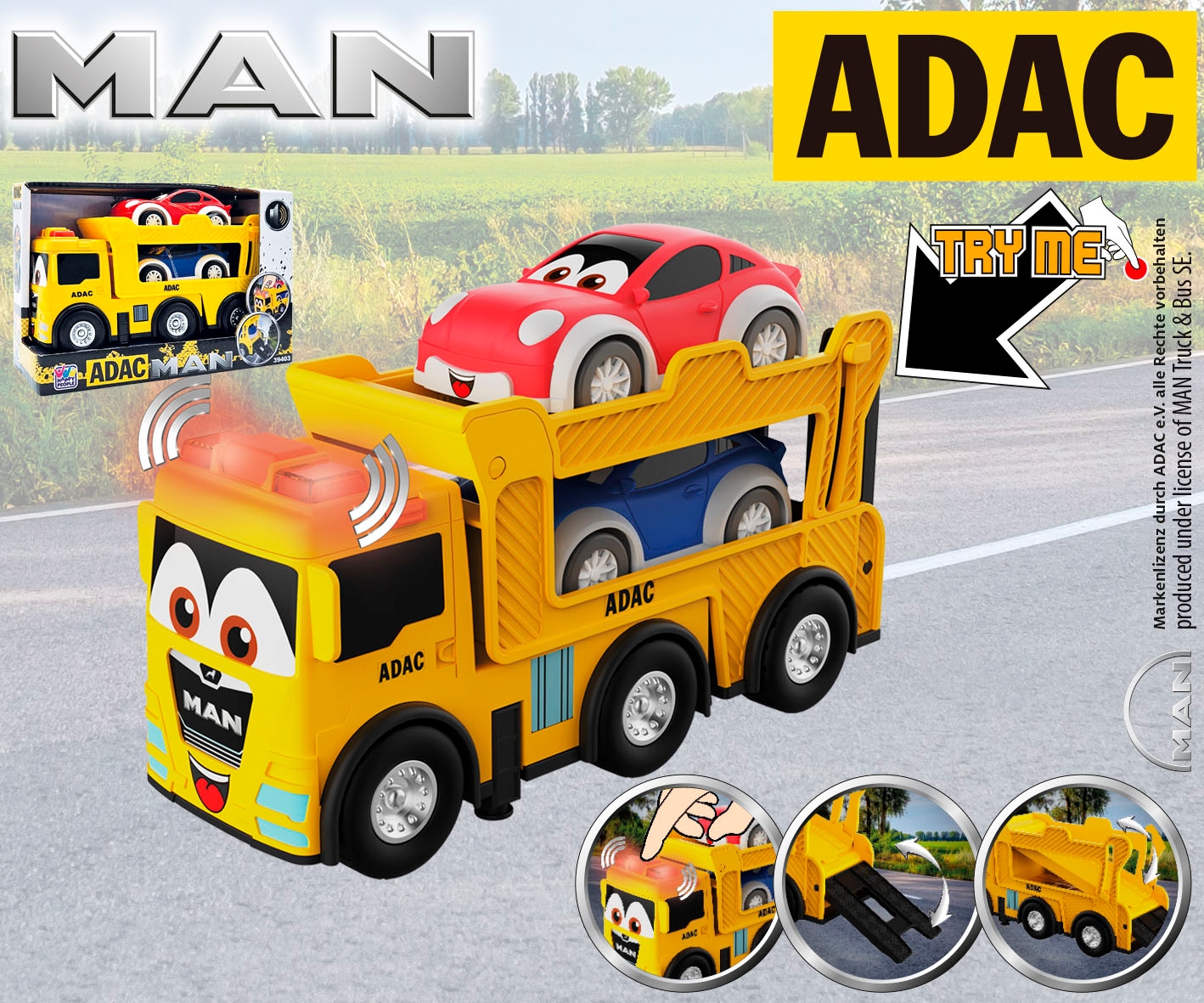 Happy People Spielzeug-Auto »ADAC MAN Autotransporter« inklusive 2 Autos; mit Licht- und Soundeffekt