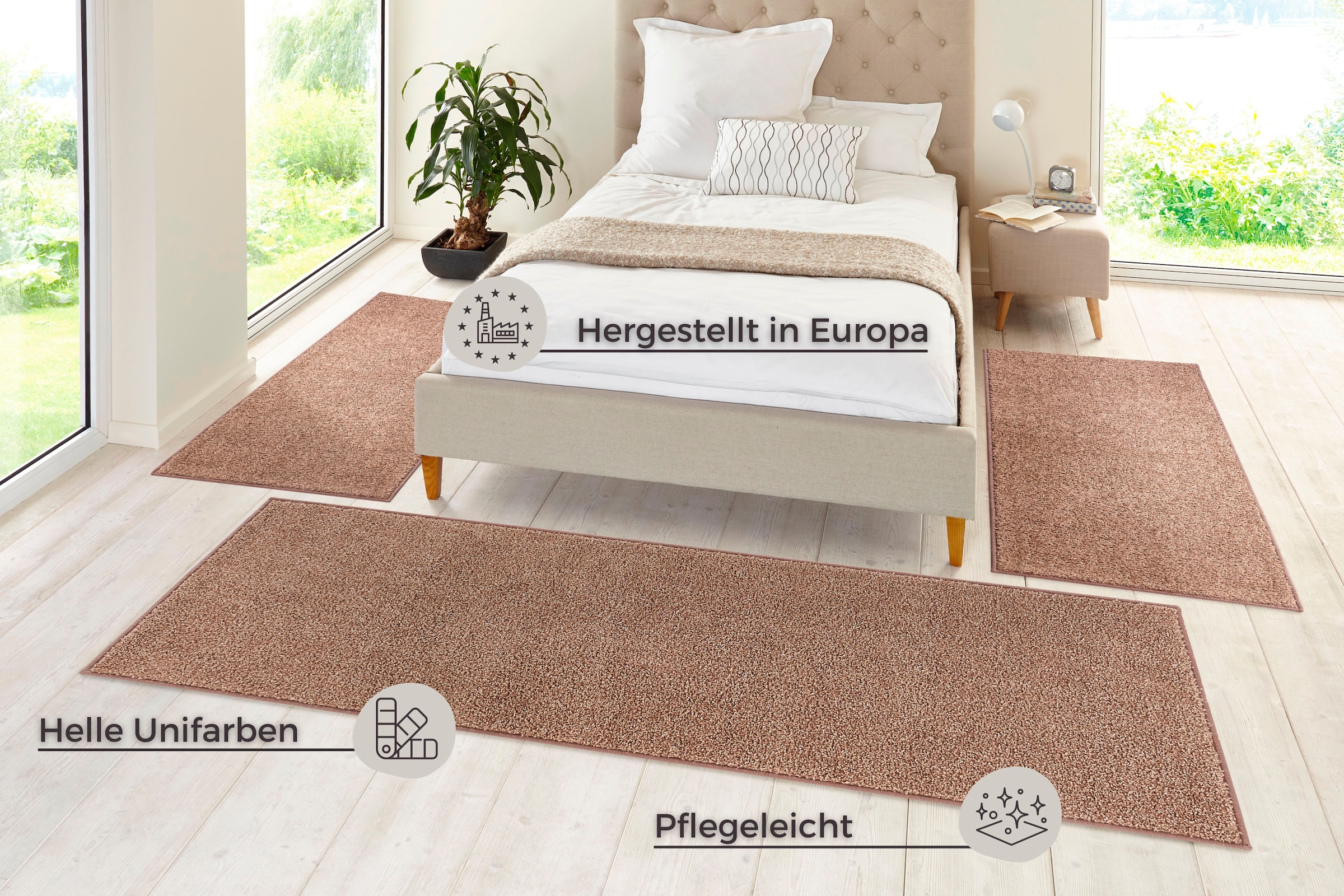 HANSE Home Bordure de lit »Pure 100« Höhe 13 mm 3 cuis tlg. Kurzflor, Unifarben, Teppich, Bettläufer, Bettvorleger, Teppichläufer