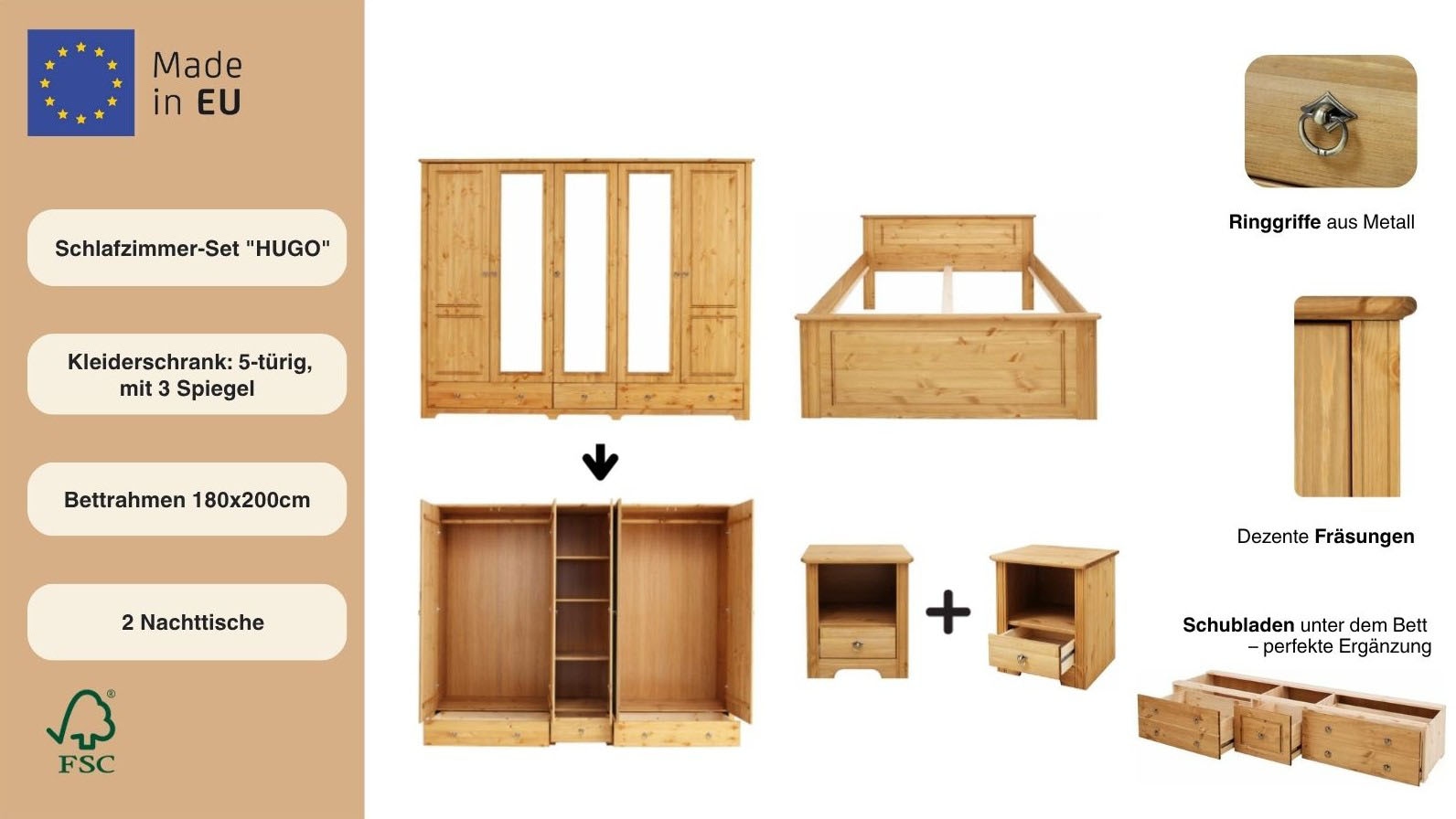 GOODproduct Ensemble de chambre à coucher »Hugo« Set, 4 cuis tlg. Bett 180x200 cm, 5-trg Kleiderschrank und 2 Nachttische