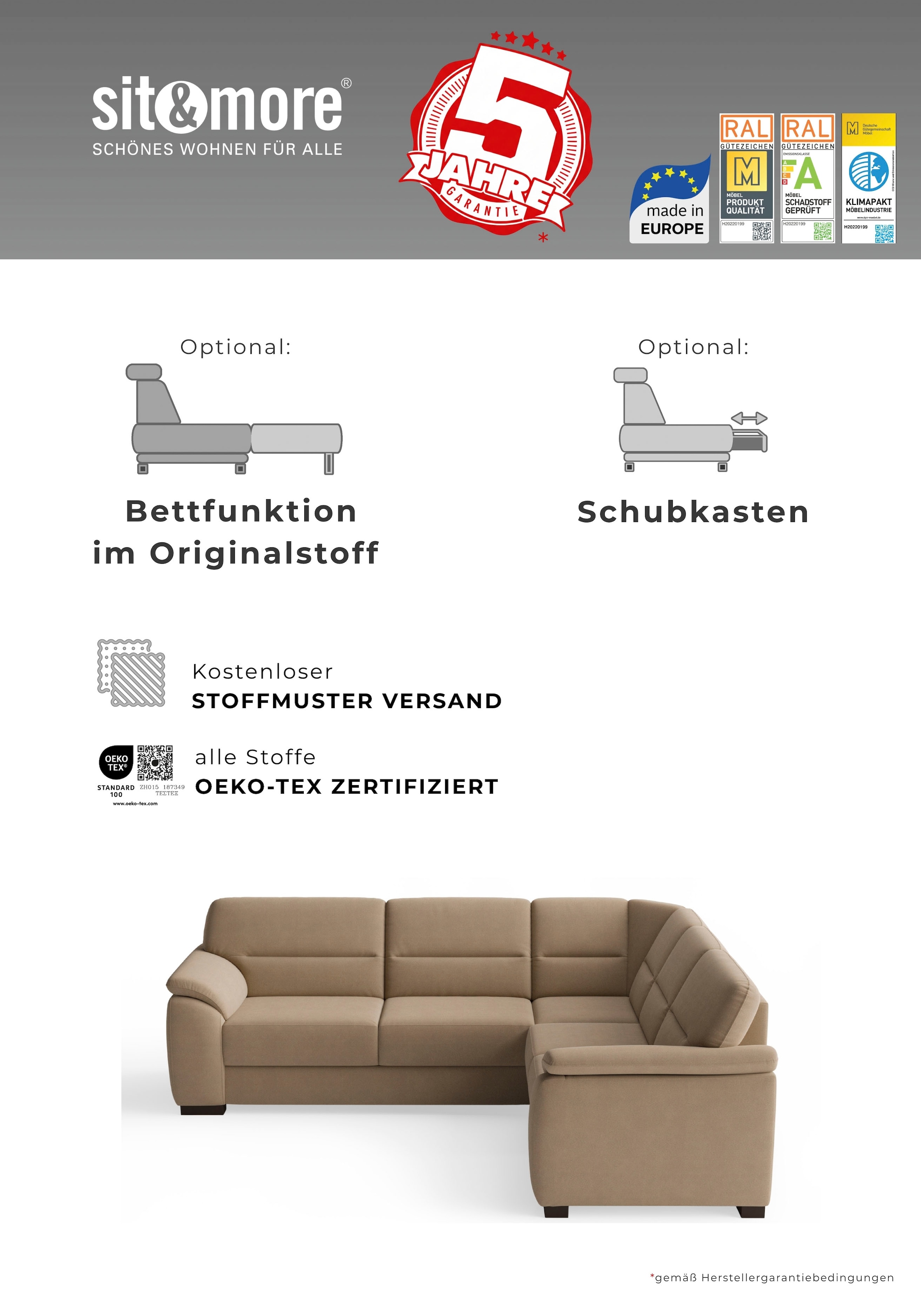 sit&more Ecksofa »Montego L-Form, B: 256 cm, grosse Stoffauswahl, Komfortsitzhöhe 46 cm« optional Schlaffunktion und Schubkasten mit Stauraum