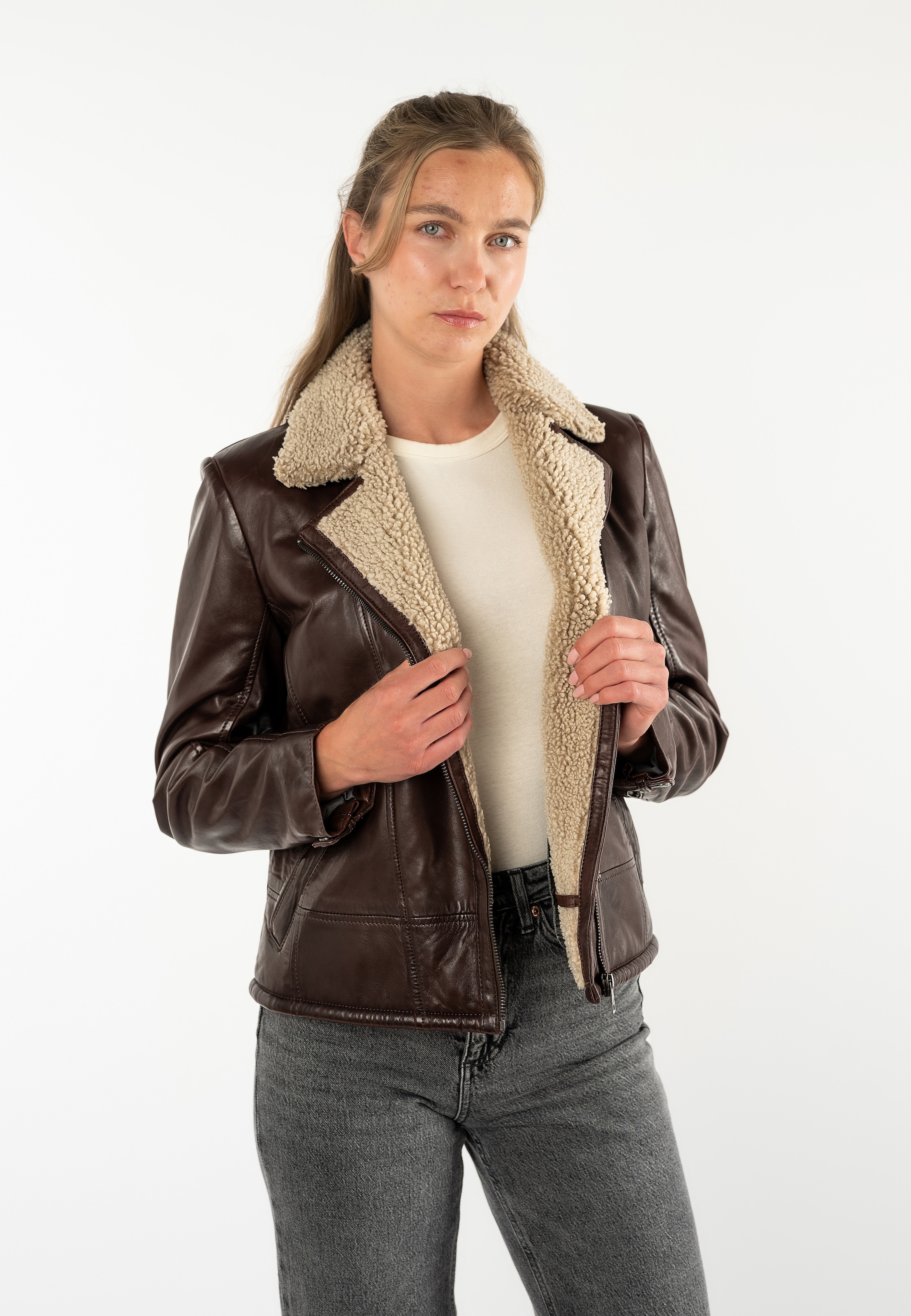 Mauritius Veste en cuir »MWElira« mit Teddyfellkragen