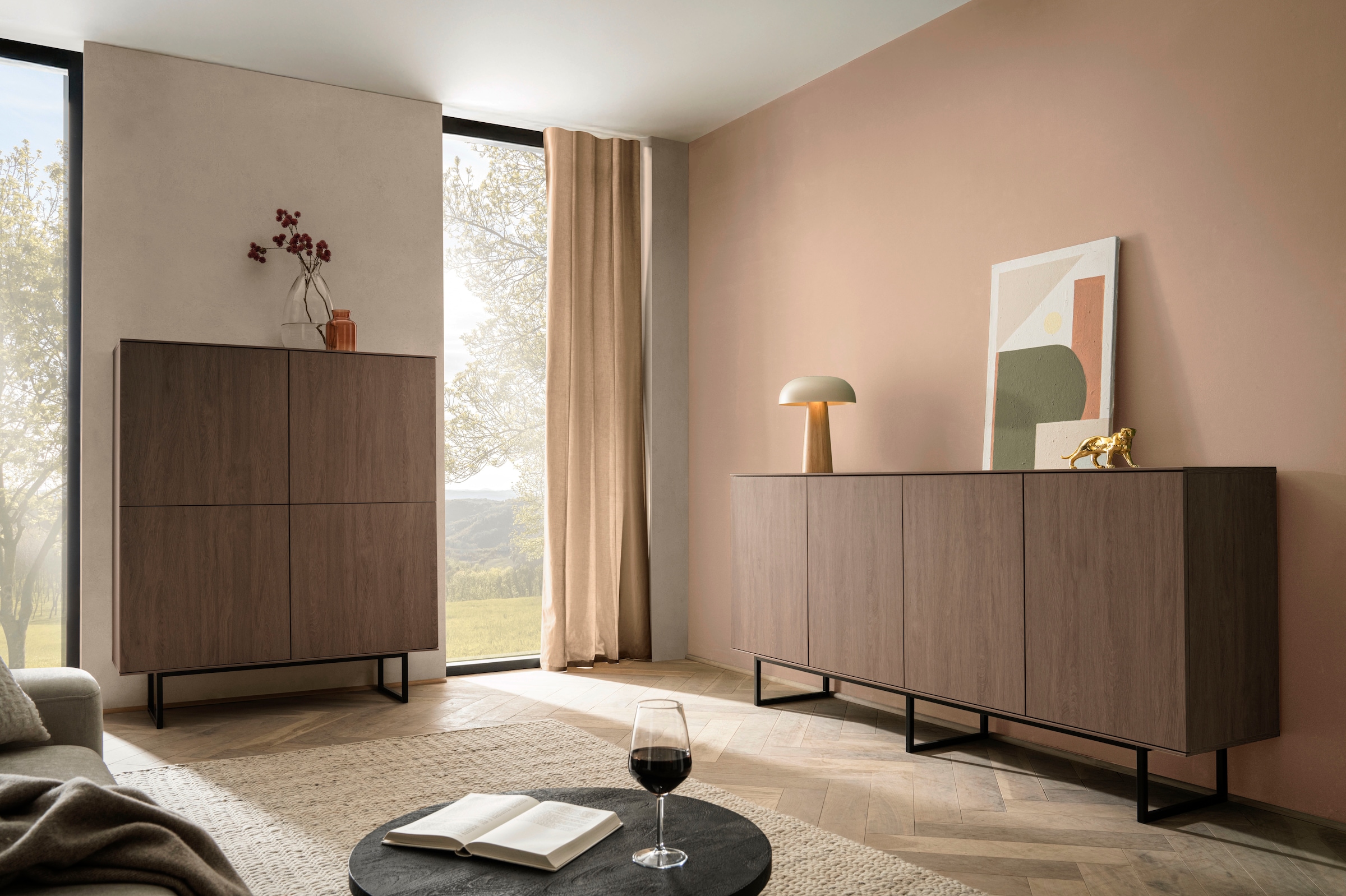 Home affaire Buffet haut »Lund, moderner Schrank, Kommode mit Kufengestell« surface supérieure visuellement fine, aspect haut de gamme, espace de rangement suffisant