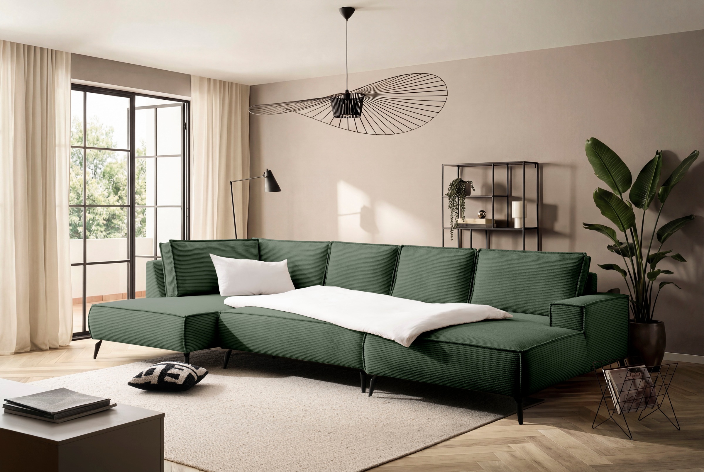 Home affaire Wohnlandschaft »mit Hocker, TVINNU, moderne U-Form in Cord oder Leinenoptik« Recamiere rechts/links, stellbar zum Schlafsofa (Krokodilverbinder)