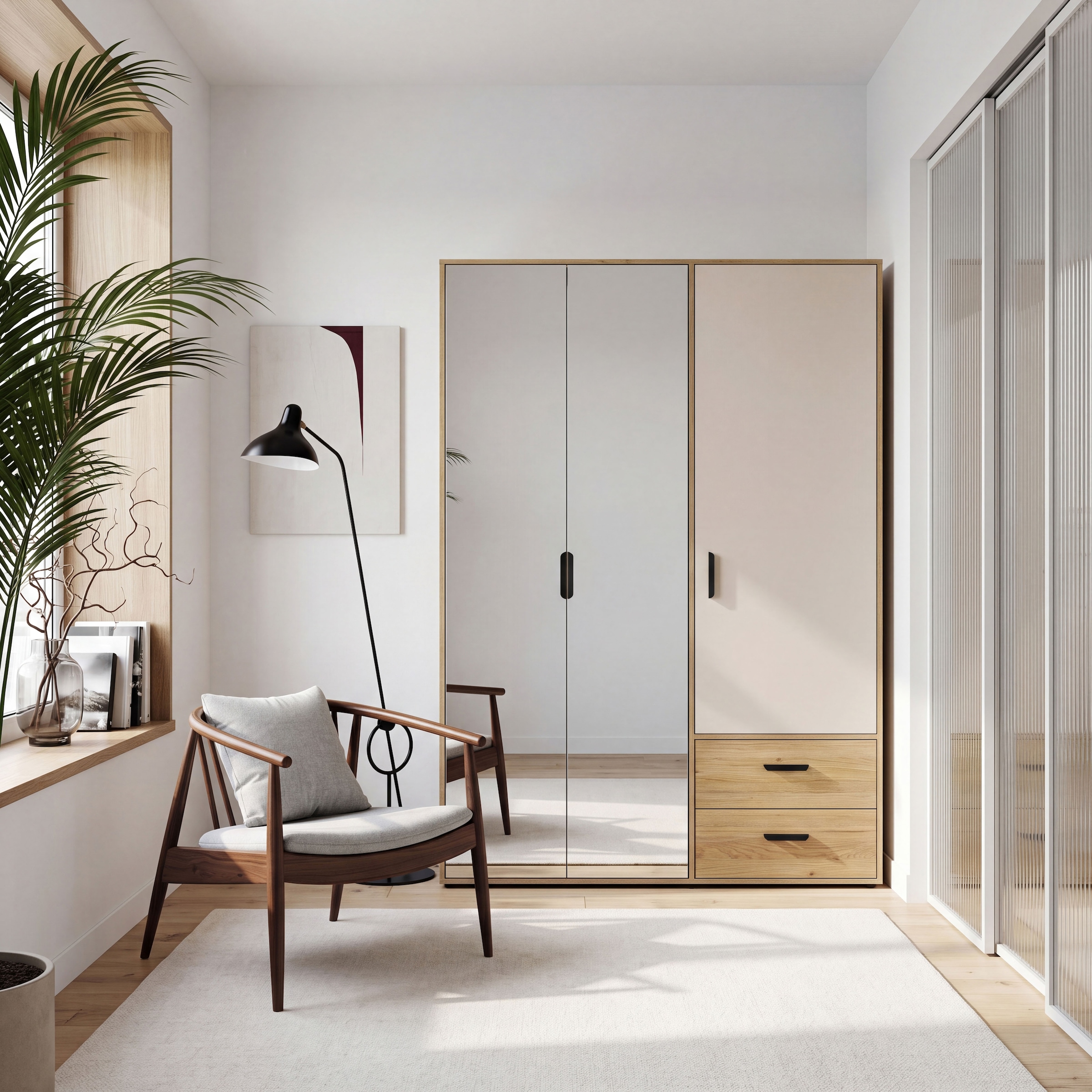 GOODproduct Kleiderschrank »AALOX, Spiegel, 3 Türen, 2 Schubladen, viel Stauraum, schwarze Griffe« Schrank ca. 140 bis 150 cm breit, schwarze Griffe, zeitloses Design
