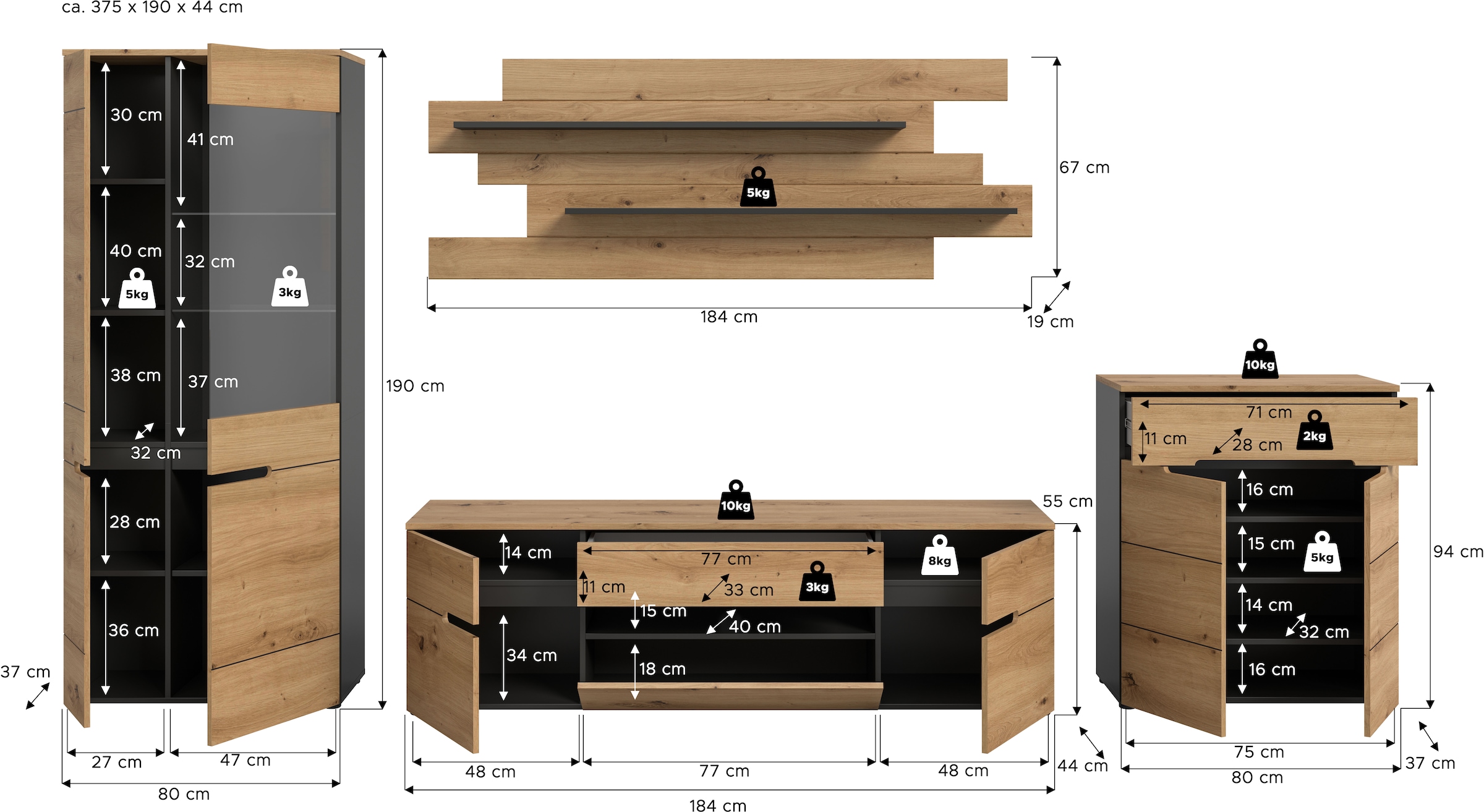 Home affaire Wohnwand »REHAT, TOPSELLER!, 4-teilig, Breite 375 cm, individuell stellbar« Set bestehend aus: Vitrine, Lowboard, Wandboard und Kommode, 4 Stk. tlg.