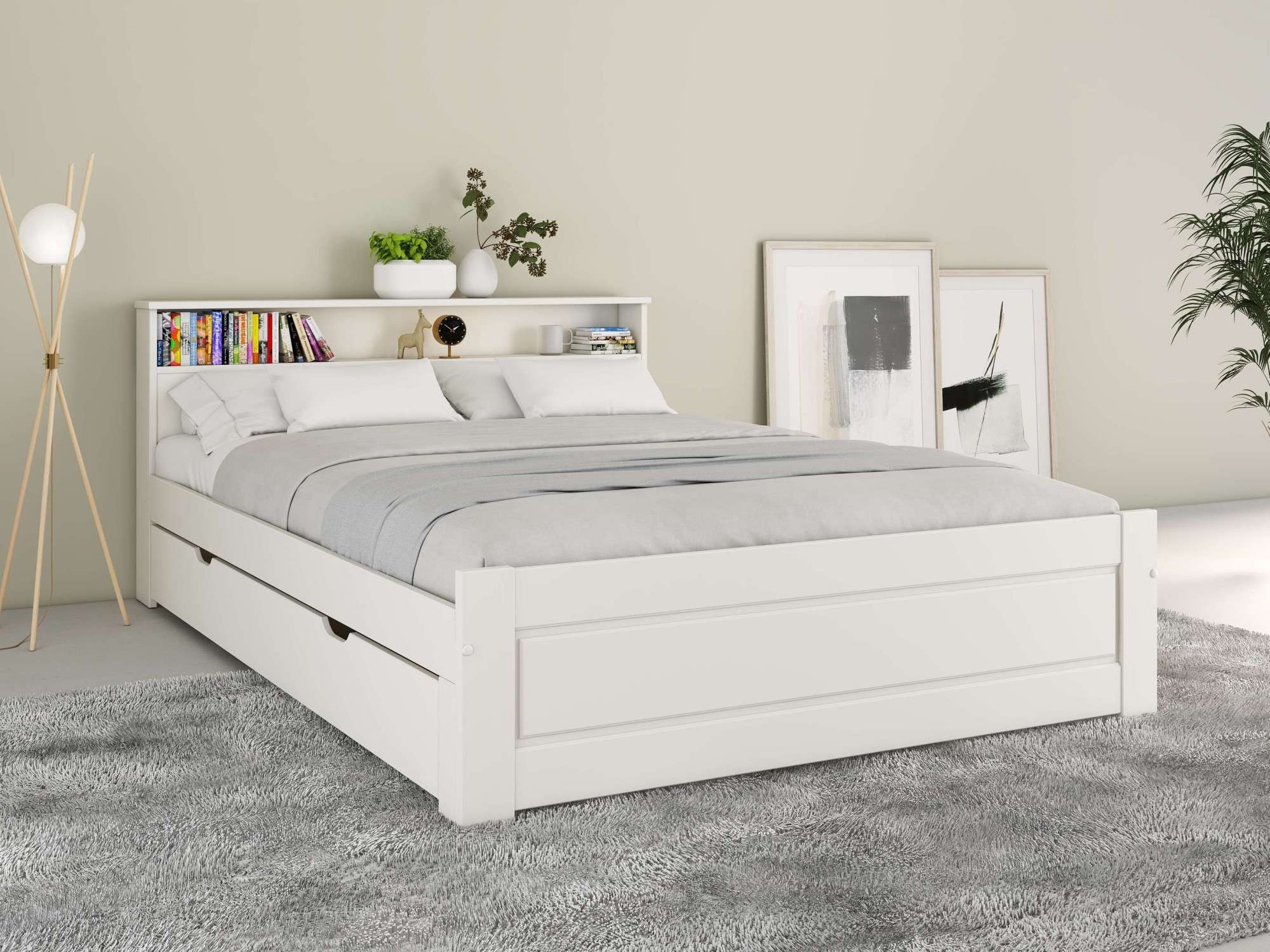 GOODproduct Lit en bois massif »FLAVION, TOPSELLER! Jugendbett, FSC® zertifizierte massive Kiefer« Largeur : 140,  Produit de qualité, étagère, aspect cassette, tiroir en option
