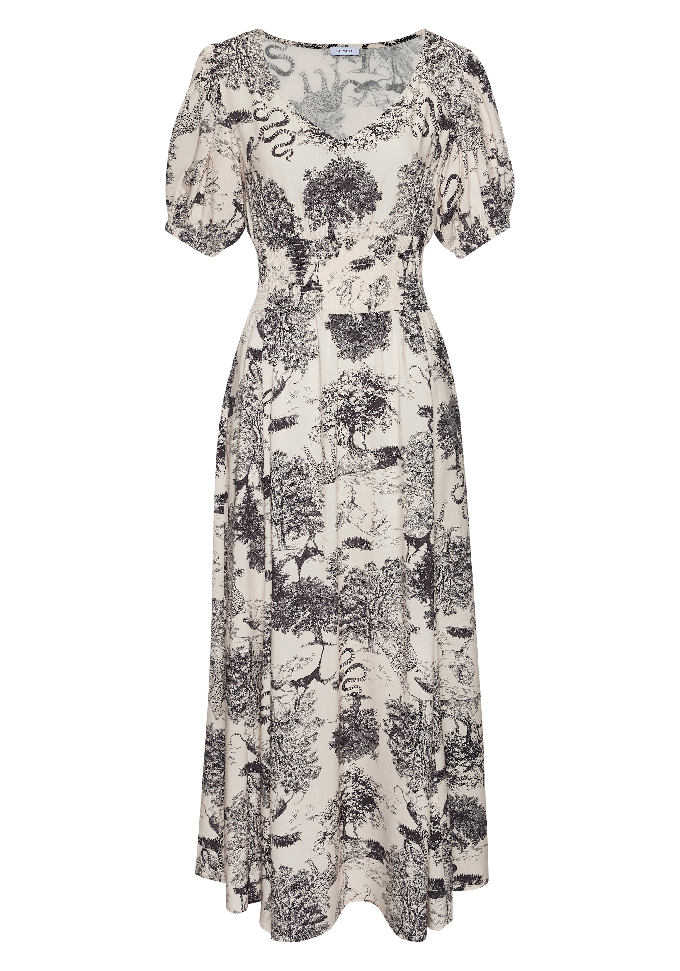LASCANA Maxi robe avec imprimé intégral et encolure en V, robe d'été, robe de plage