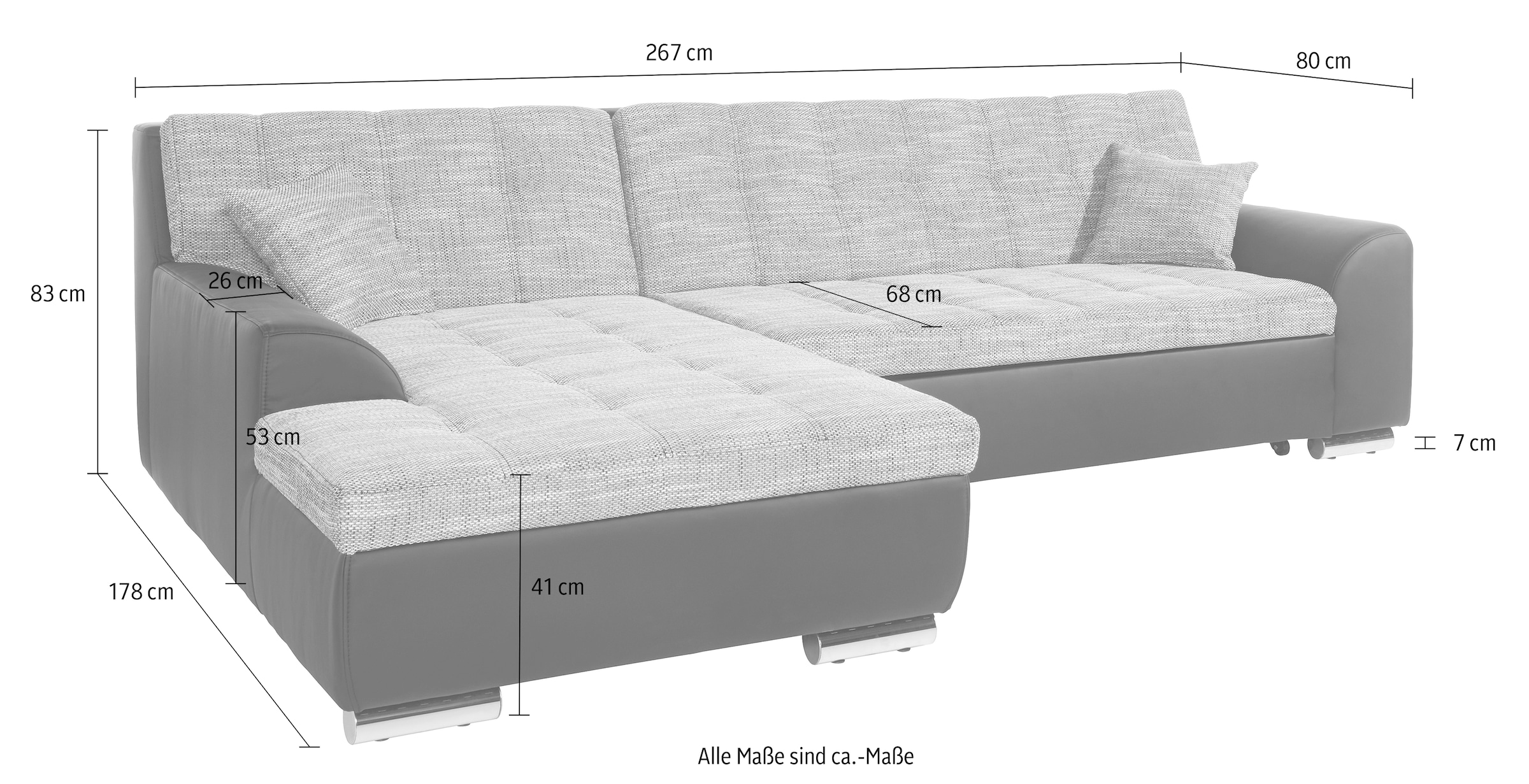 DOMO collection Ecksofa »Treviso viele Bezüge, auch in Cord, L-Form, B/T/H: 267/80/83 cm« wahlweise mit Bettfunktion,  incl. Zierkissen, hochwertige Steppung