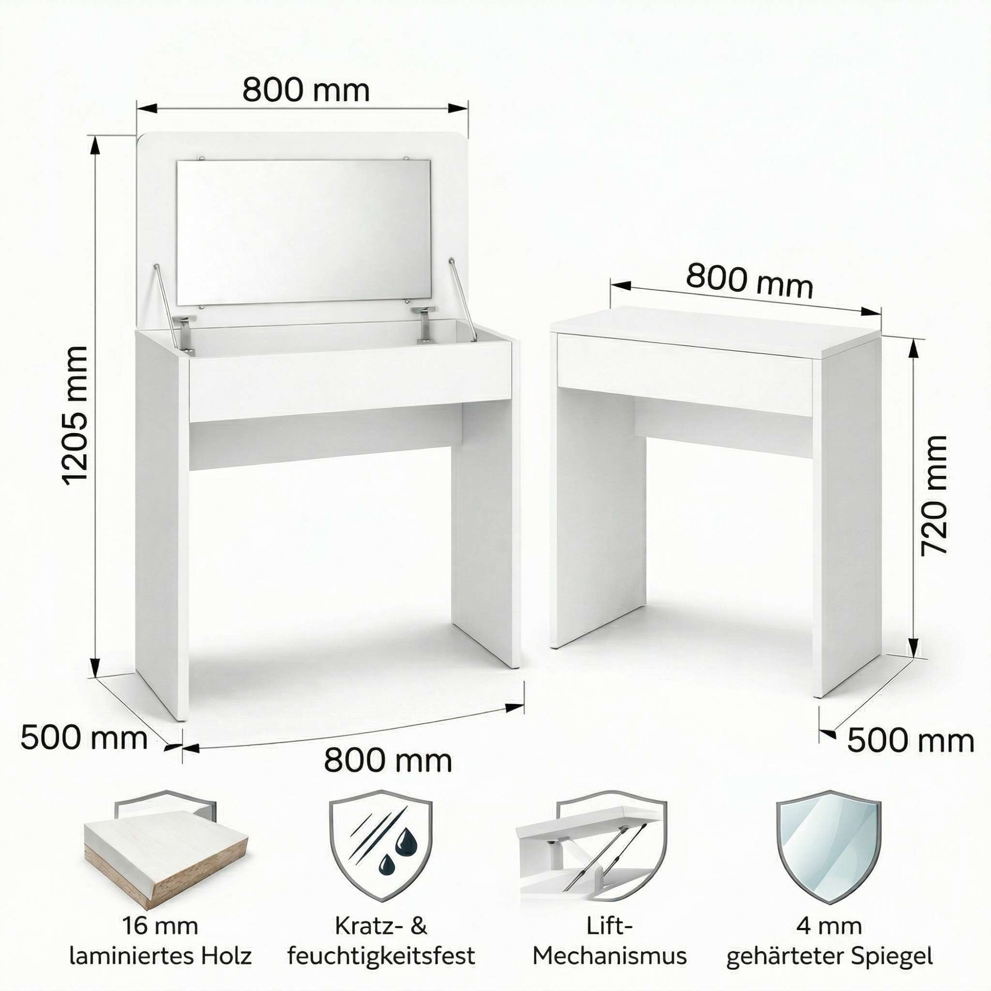 GOODproduct Schminktisch »Trympo 7, Kosmetiktisch, Frisiertisch, Schminkkommode, Toilettentisch« Schminktisch mit Spiegel und Stauraum, Breite 80cm