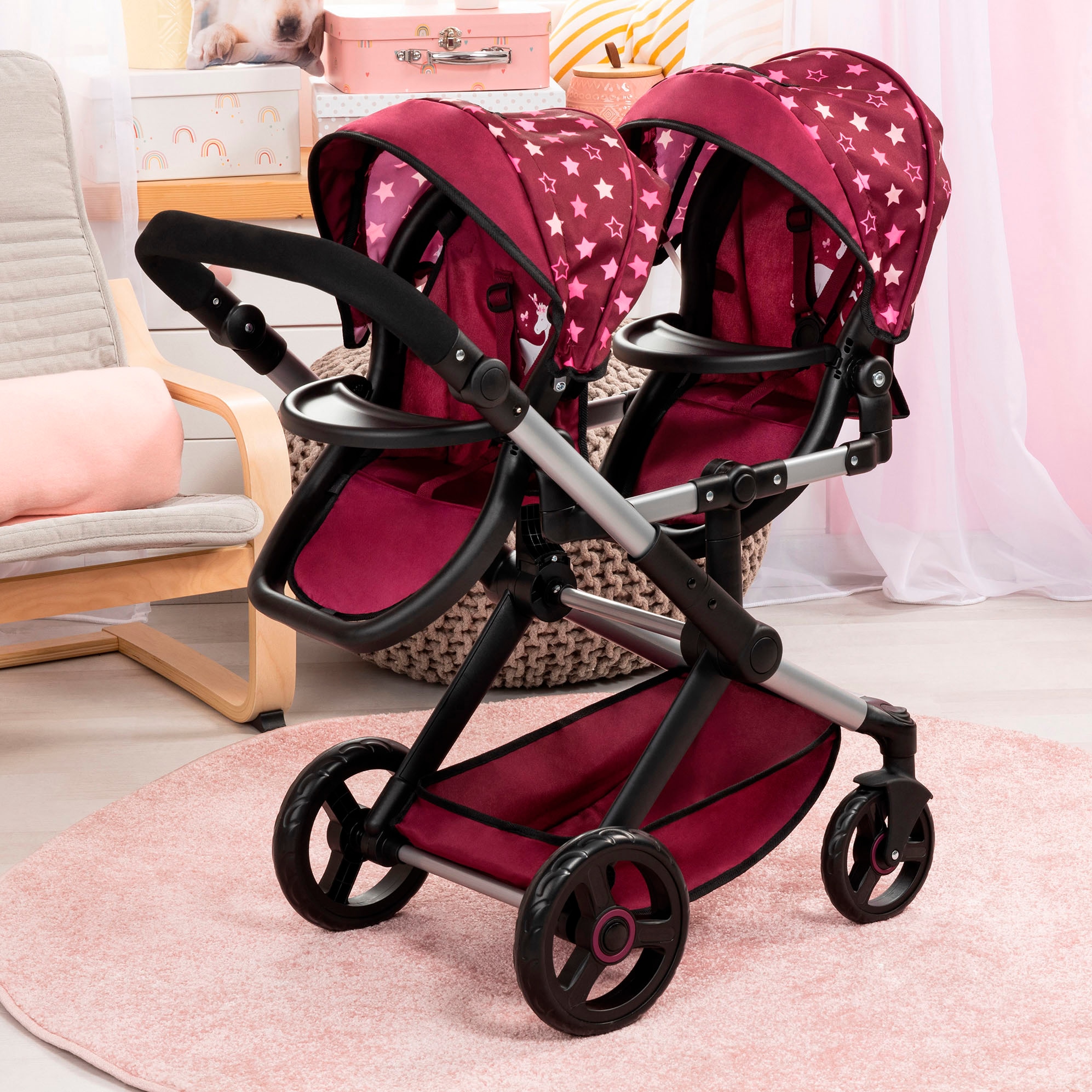 Bayer Puppen-Zwillingsbuggy »Xeo Twin bordeaux« mit Wickeltasche