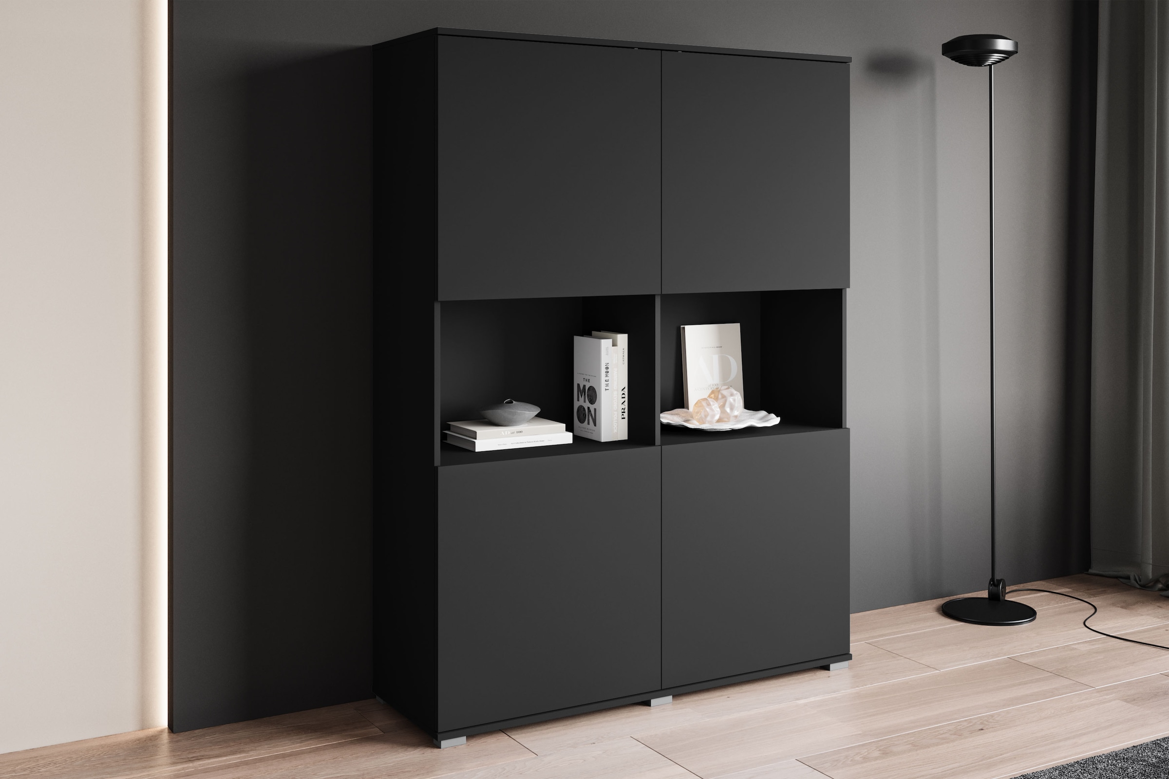 GOODproduct Buffet haut »Kenia Schrank, 120 cm breit, mit 4 Türen und 2 offenen Fächern« 1 cuis tlg. Design sans poignées avec push-to-open et étagères réglables