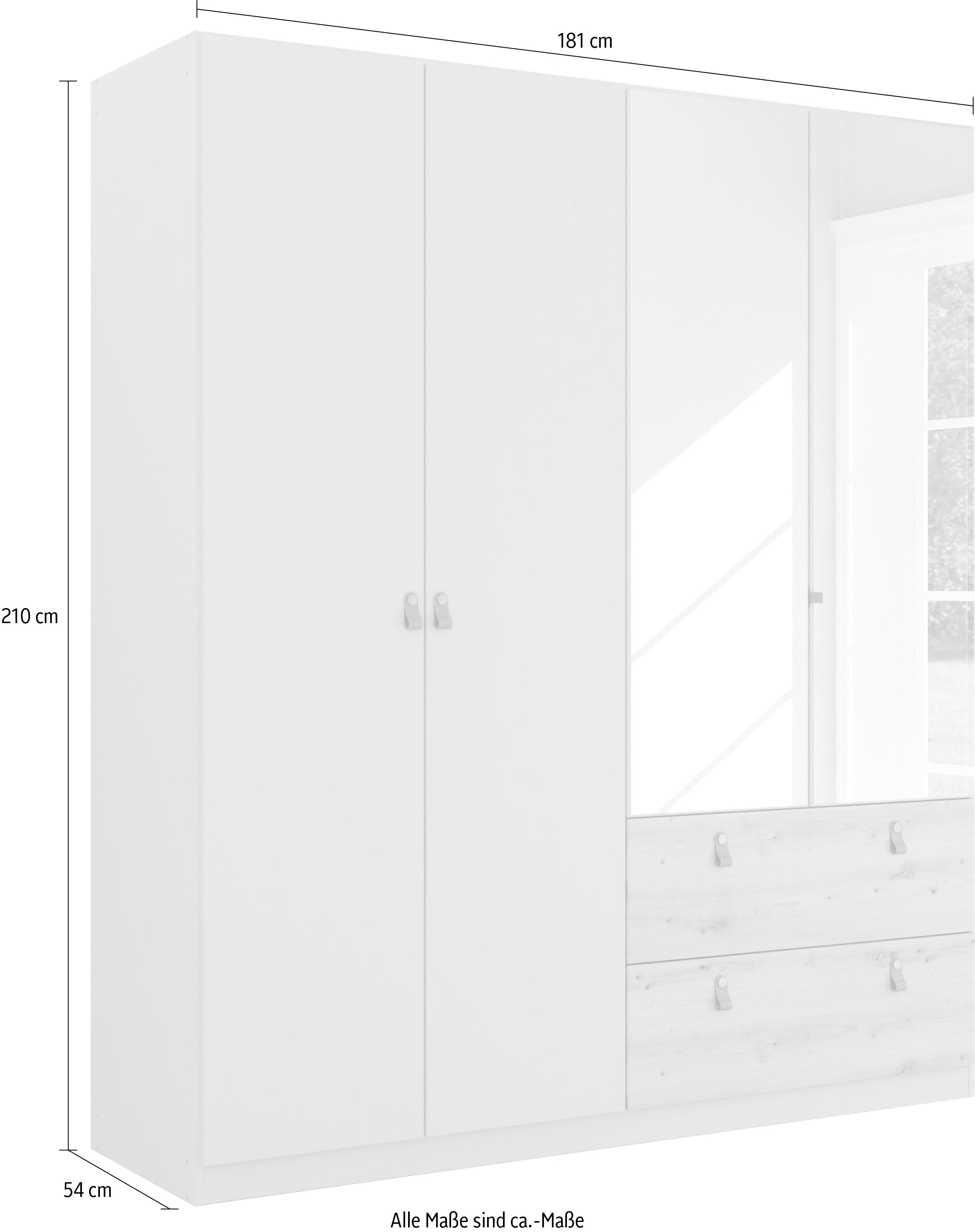 rauch Drehtürenschrank »Kleiderschrank Schrank Garderobe Ankleide HOMEY BY QUADRA SPIN« Breiten: 181/226/271 cm, Höhe 210 cm,  mit cognacbraunen Ledergrifflaschen, Schubladen in Eichen-Dekor