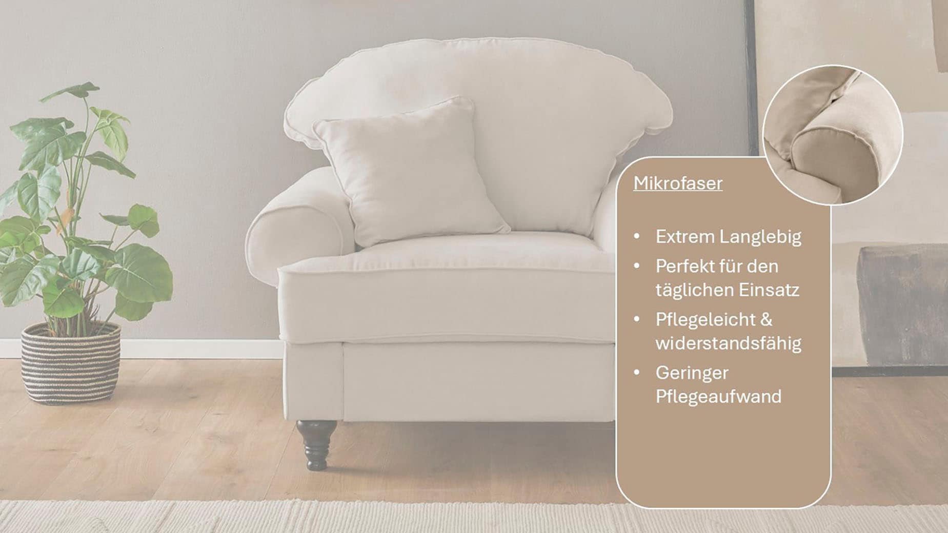 GOODproduct Sessel »Westminster mit hochwertigem Microfaserbezug, in 5 Farben verfügbar« Federkern-Polsterung, gedrechselter Fuss, inkl. Zierkissen