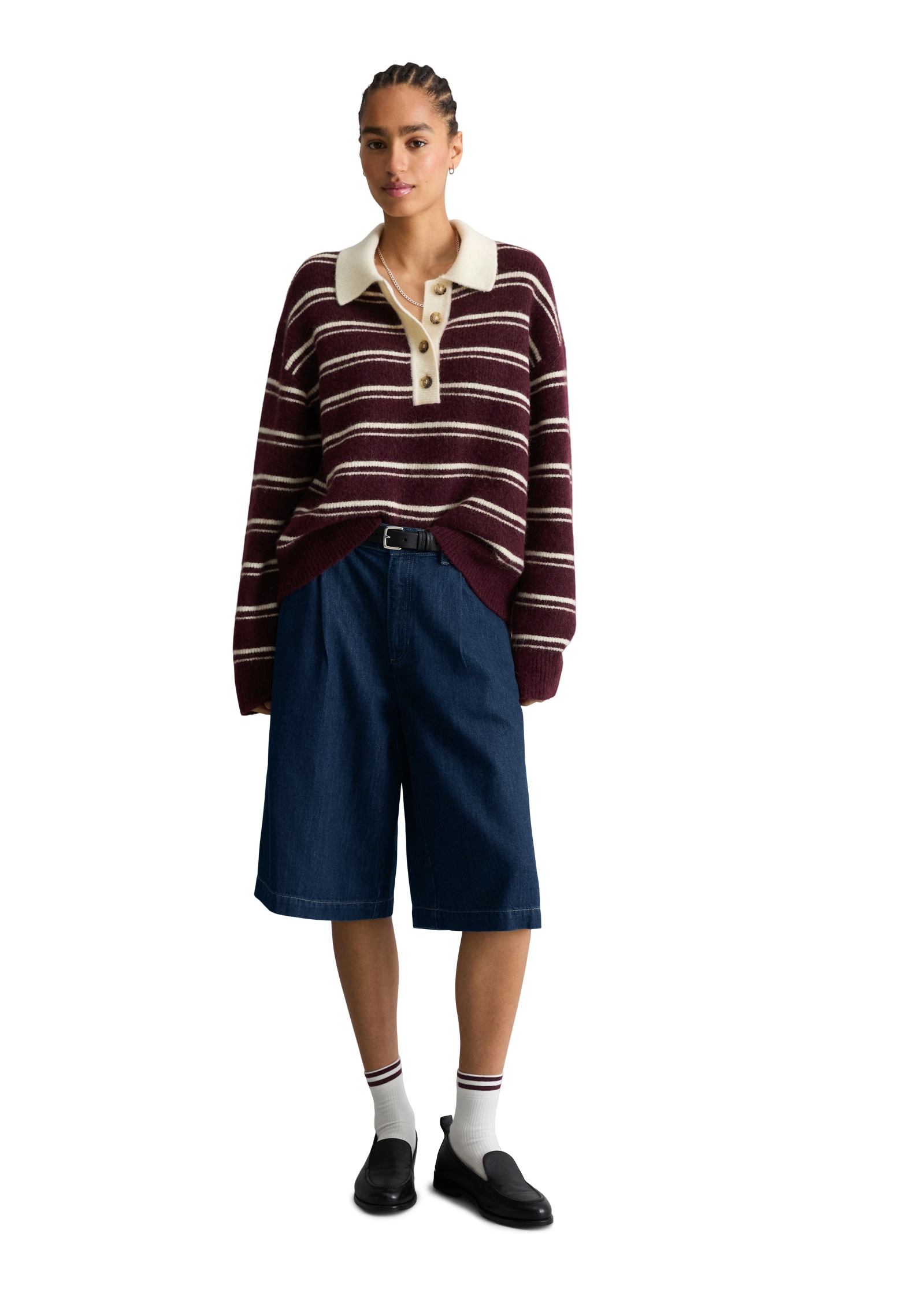 Marc O'Polo DENIM Pull à col polo Polo en tricot rayé oversize en mélange douillet de laine d'alpaga