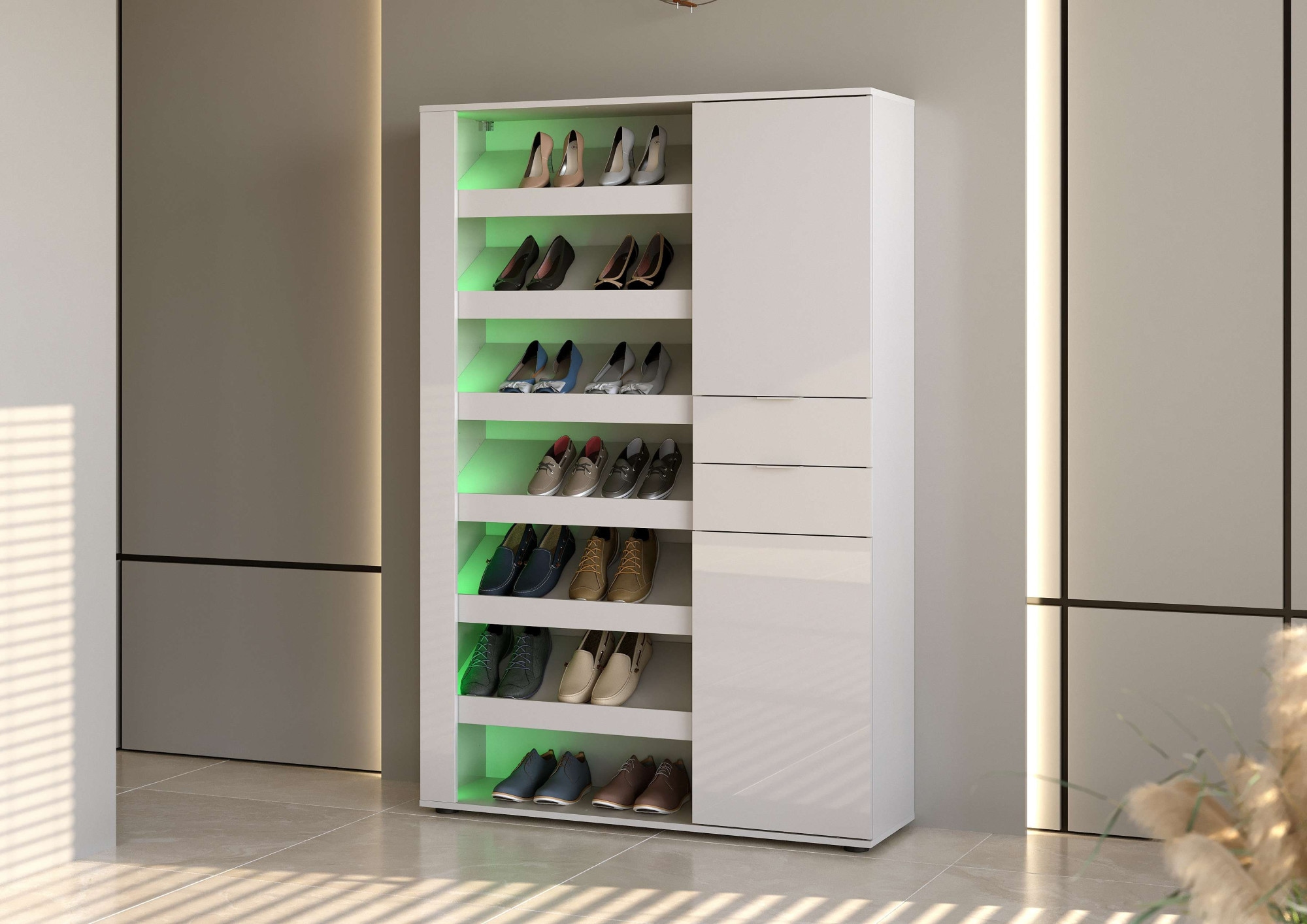Home affaire Schuhschrank »BOOST, Schuhschrank,Schuhregal, Breite 120 cm, LED optional bestellbar« 1 Stk. tlg. Hochglanz lackiert mit 7 offenen Fächern, 2 Türen und 2 Schubkästen