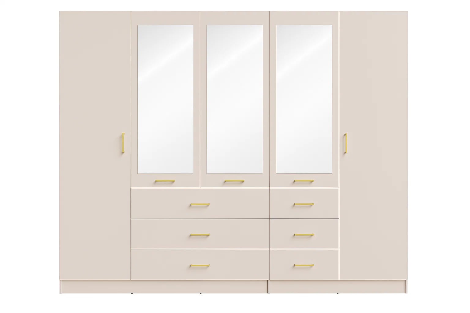 Home affaire Armoires à vêtements »KOS Garderobe mit 6 Schubladen, Kleiderstange, 5 Einlegeböden, Spiegel« Kleiderschrank mit 5 Türen, goldenen Griffen, Masse B/H/T 250/200/58 cm