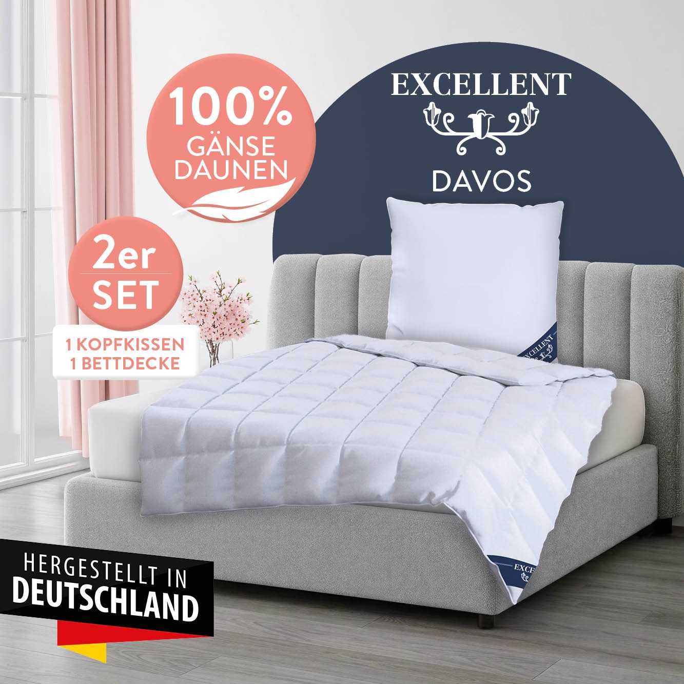 Excellent Couette en duvet + oreiller à 3 compartiments »Davos« Ensemble de couette avec oreiller, couette 135x200 et 155x220 cm