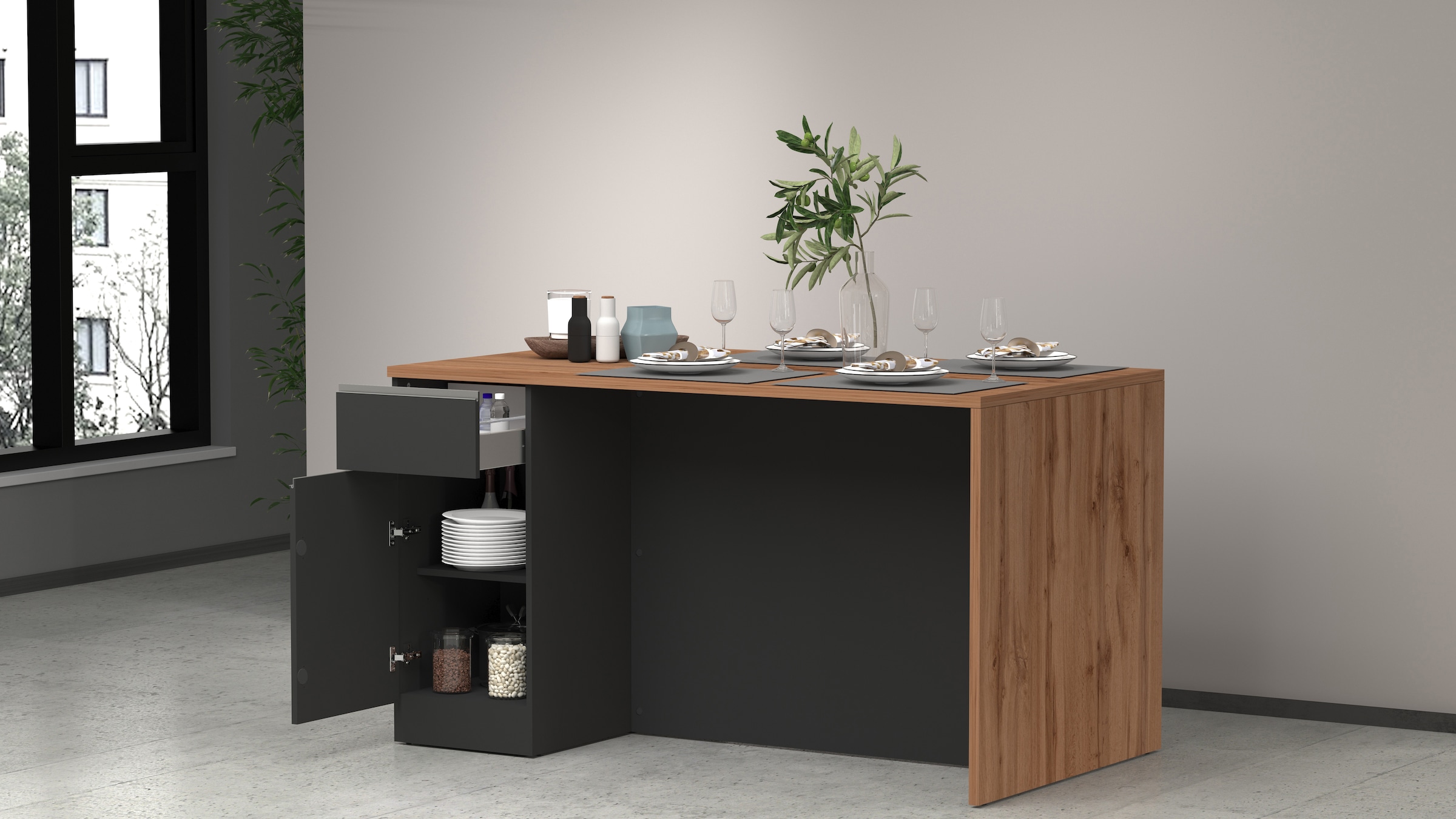 KOCHSTATION Ilot de cuisine »Sole,Kochinsel,Küchenarbeitsblock,Inselküche,Arbeitsinsel« Breite 160 cm mit 2 Türen,2 Schubkästen, Aluminiumgriff