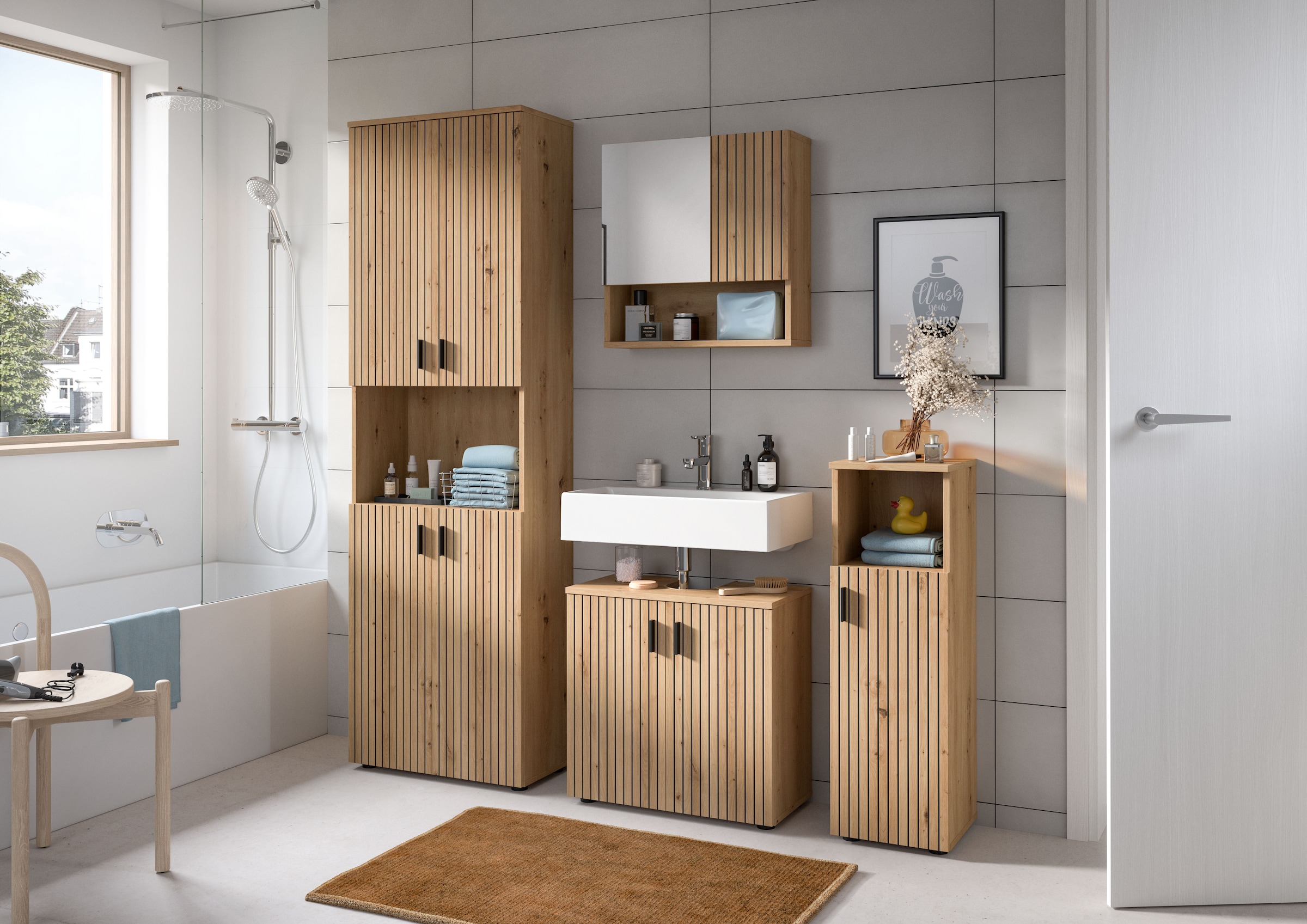welltime Stauraumschrank »MANI, Höhe: 95 cm, Paneeloptik, 1 offenes Fach, 1 Tür« 1 Stk. tlg. Badezimmerschrank, Badschrank, Bad, Badezimmer