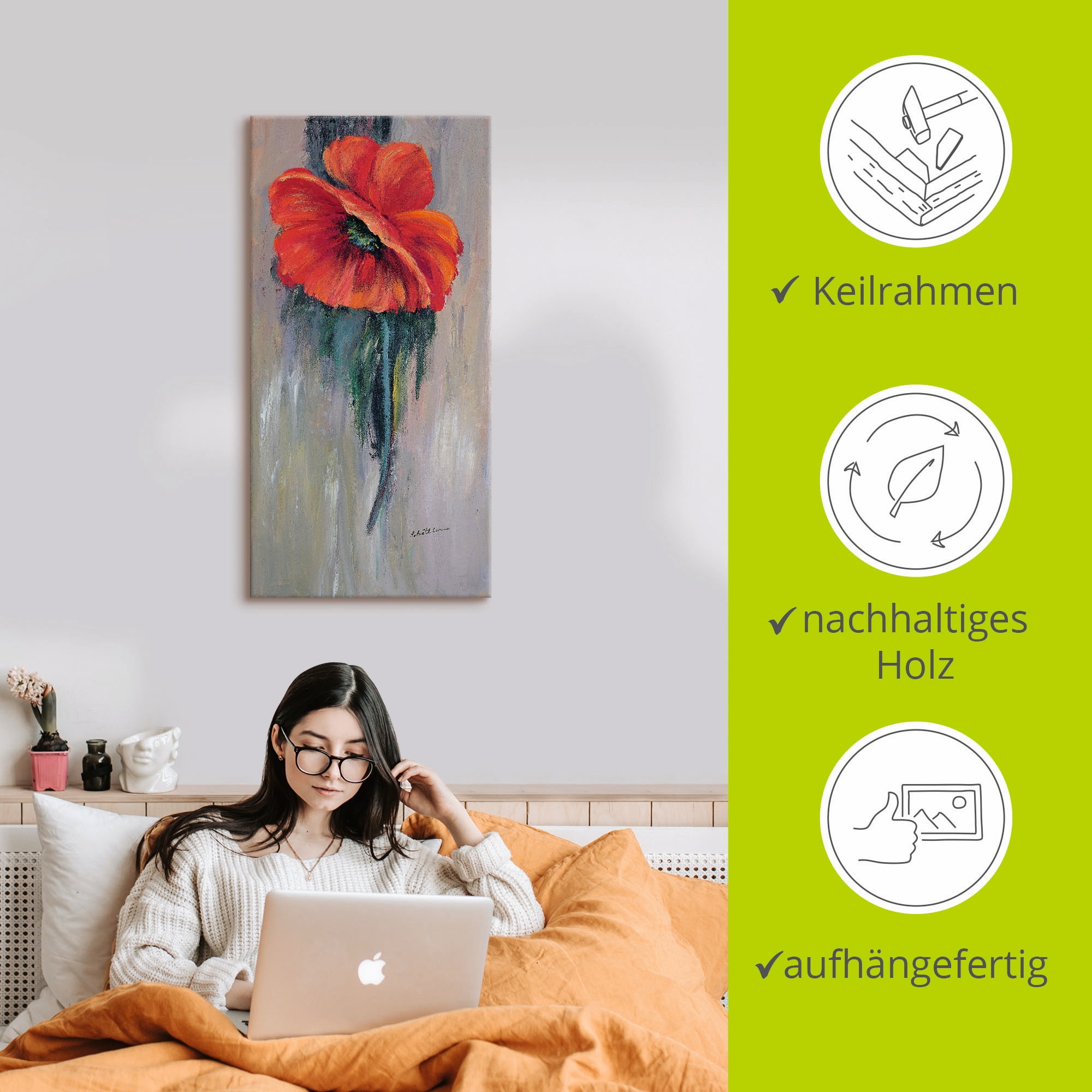 Artland Tableau sur toile »Roter Mohn III« 1 cuis tlg. auf Holzrahmen gespannt