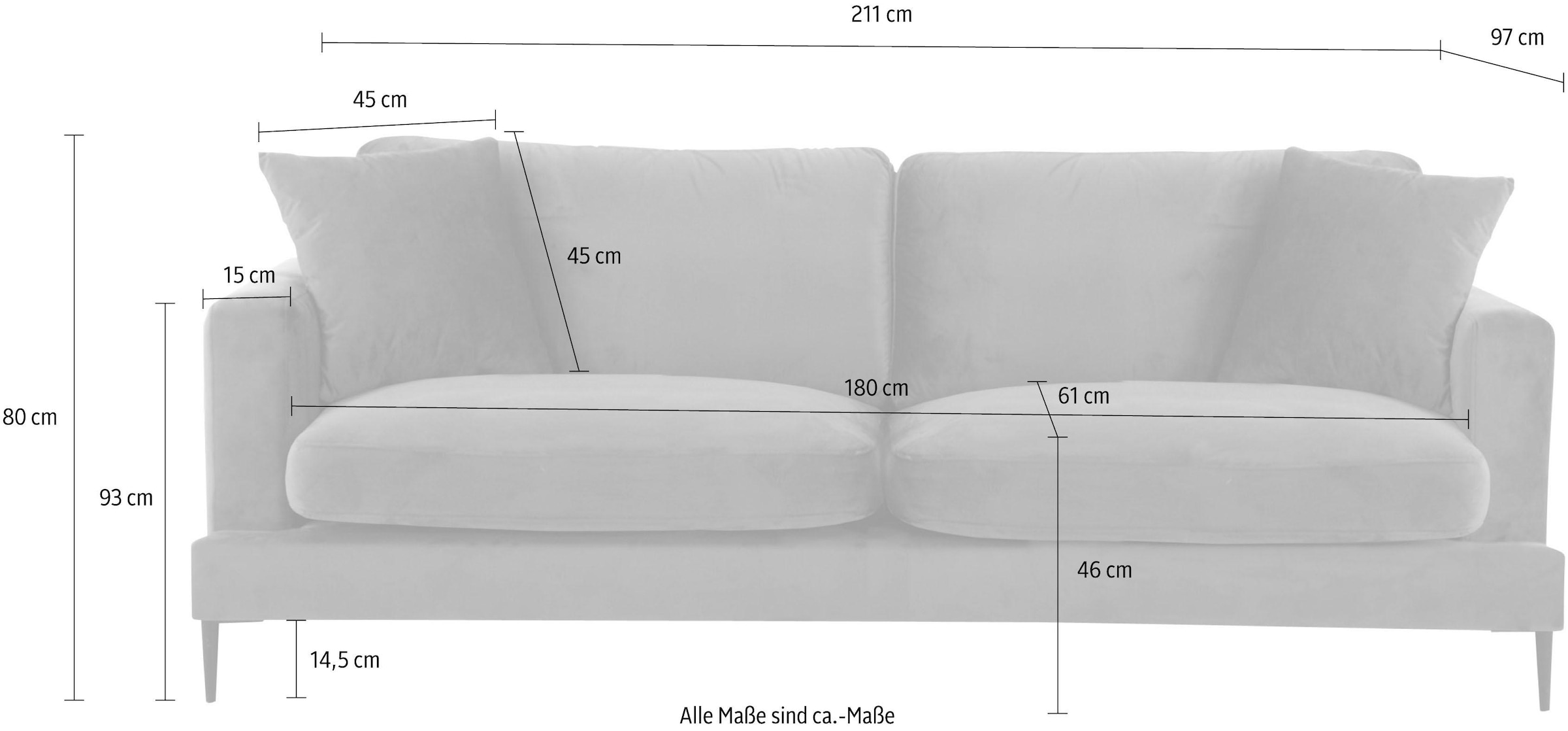 Home affaire 3-Sitzer »Cozy elegantes Designsofa, Masse B/T/H: 211/97/80 cm« mit losen Kissen und Metallbeinen
