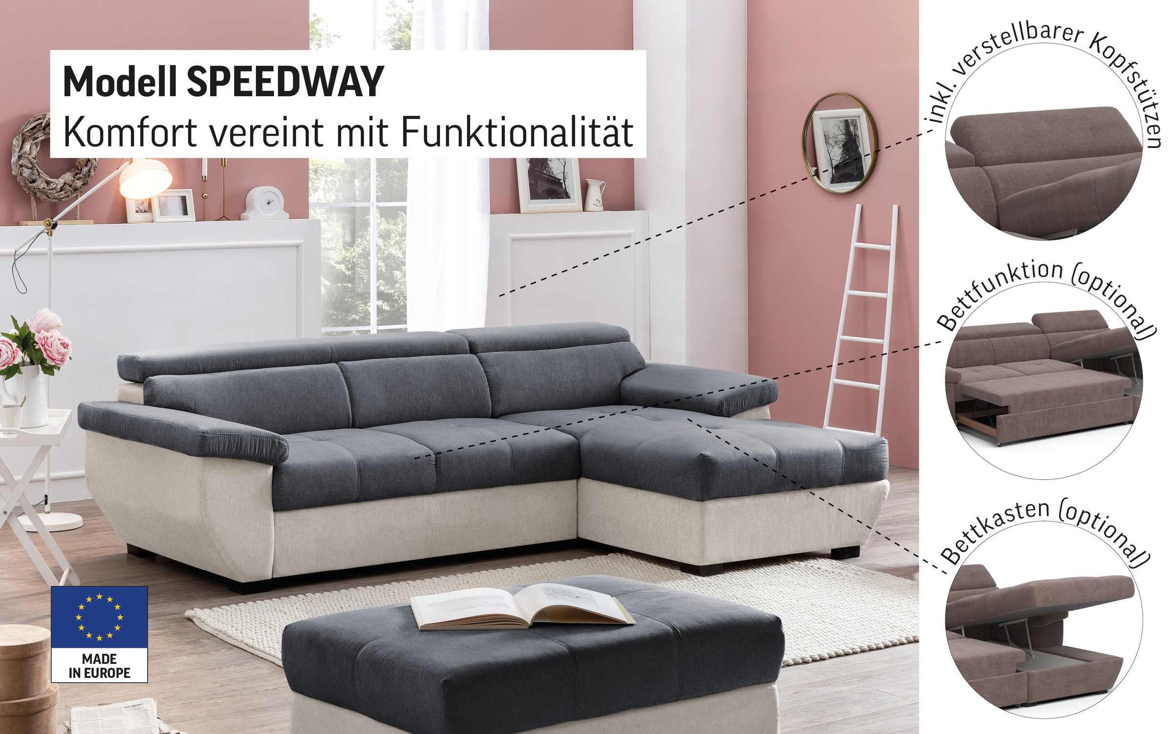 COTTA Canapé d'angle »Speedway L-Form« avec réglage de la tête, option fonction lit & coffre