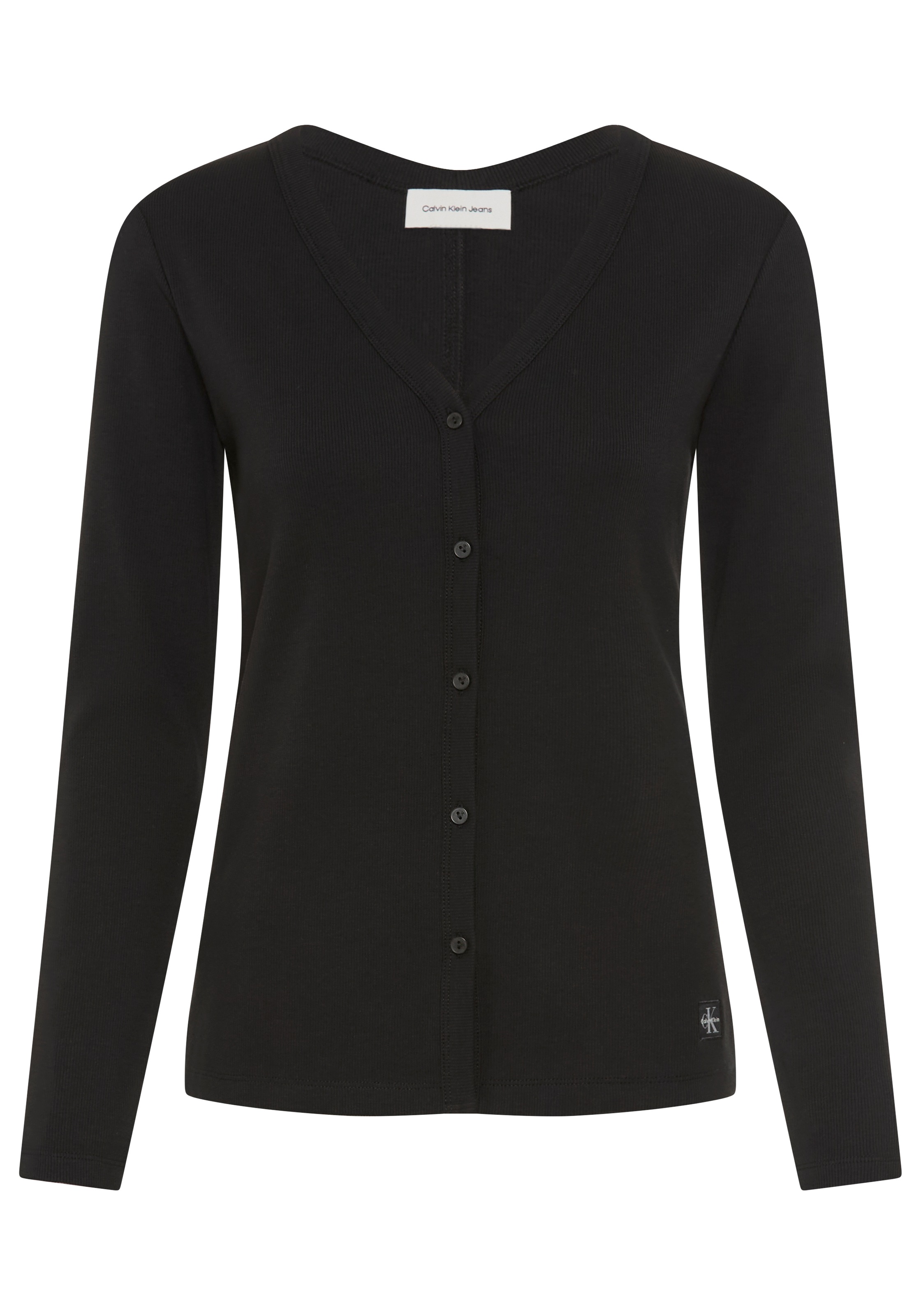 Calvin Klein Jeans Langarmshirt »WOVEN LABEL BABY RIB BUTTON« Figurbetonte Passform mit V-Ausschnitt