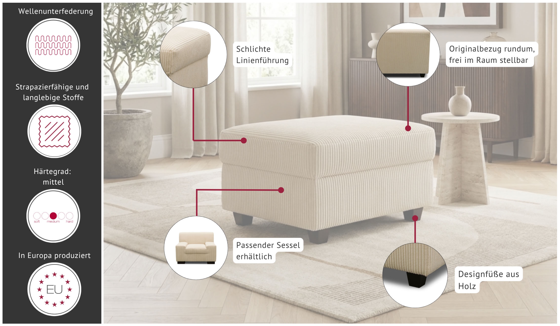 GOODproduct Tabouret »Faxe« Pouf rembourré assorti au canapé, largeur 67 cm, combinaison personnalisable