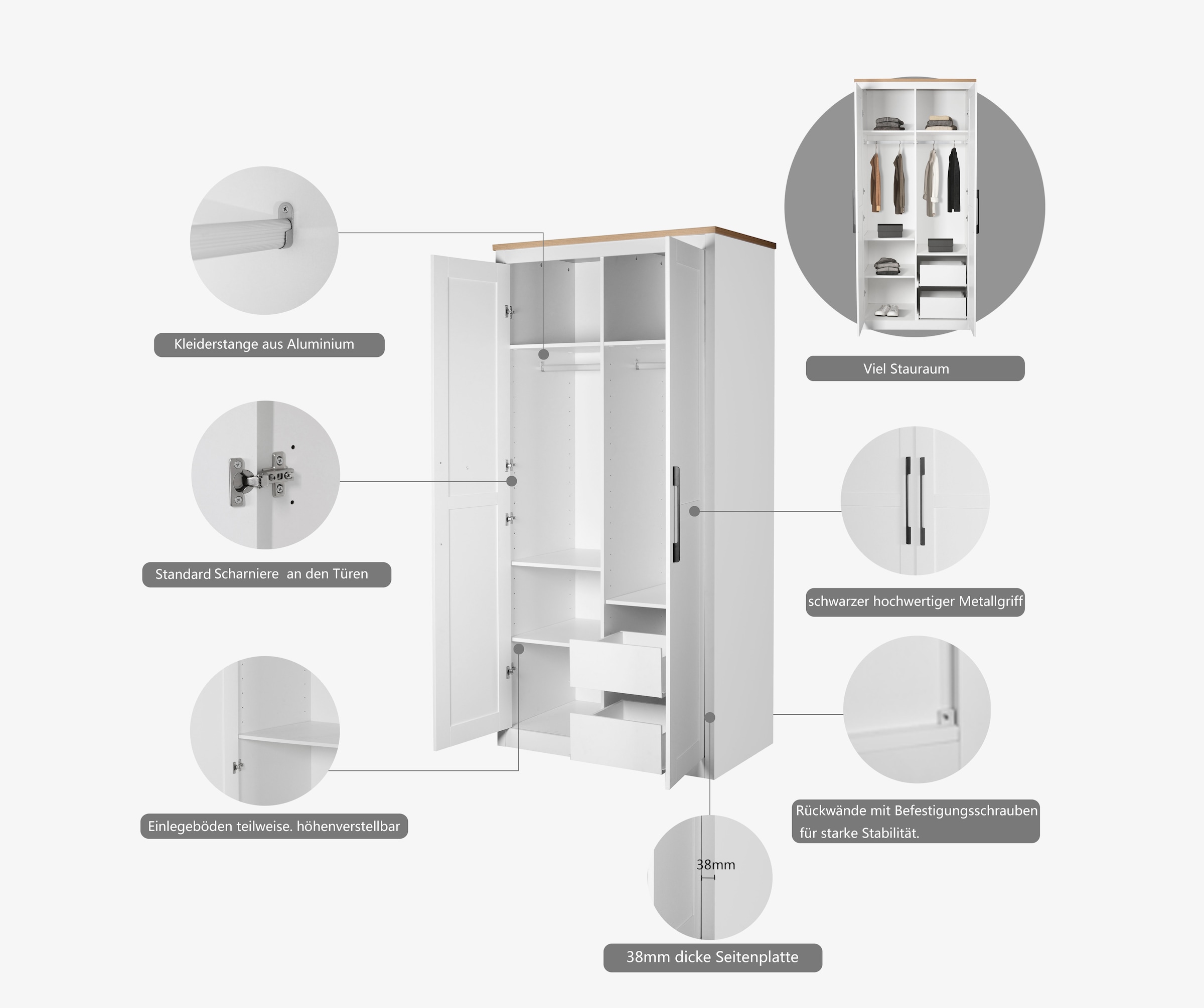 GOODproduct Armoires à vêtements »Büsum Schlafzimmer Schrank« stabile robuste Bauweise mit optimaler Aufteilung,  Schlafzimmerschrank Landhaus Design Garderobe Schrank Bestseller