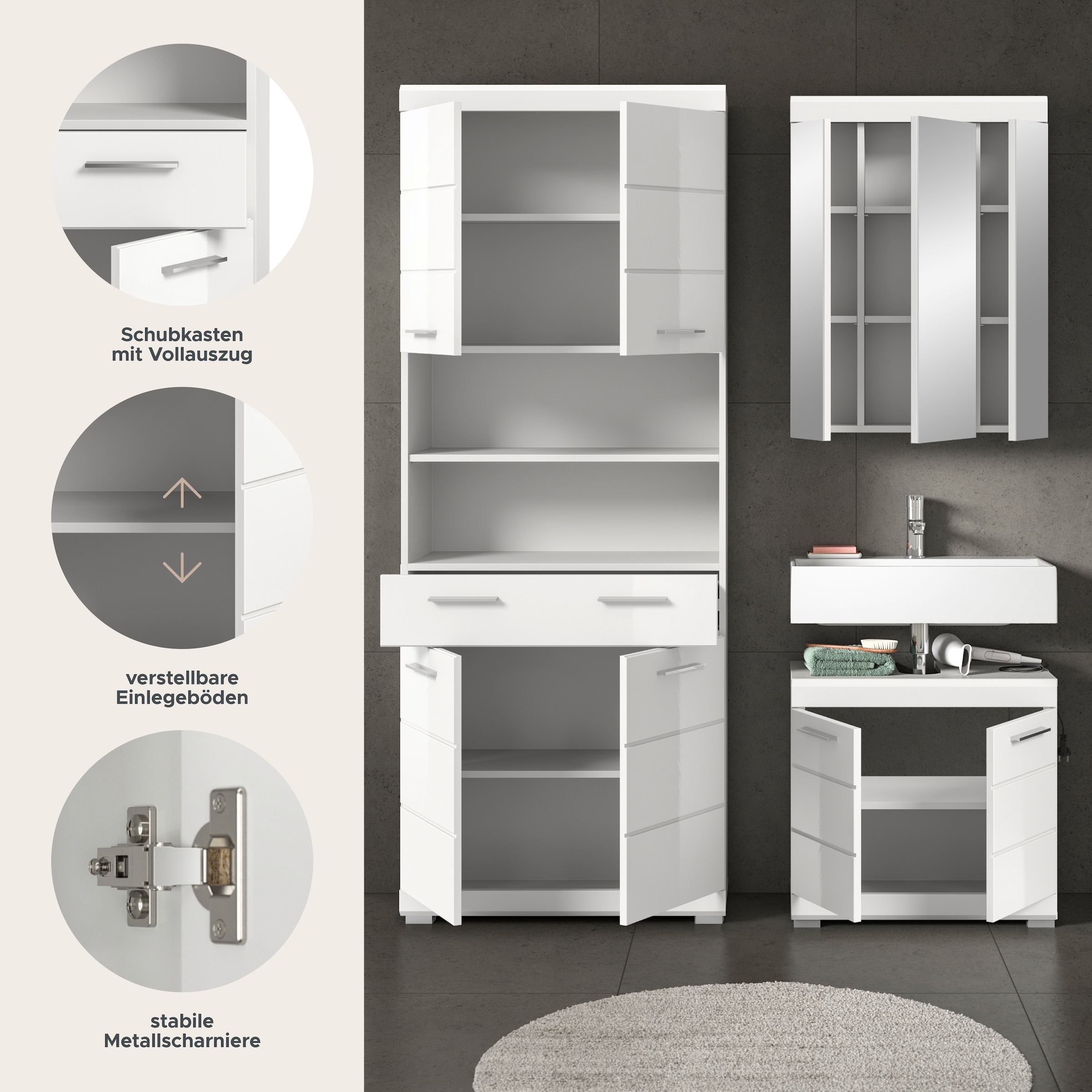 INOSIGN Badmöbel-Set »SIENA, TOPSELLER!, Breite 149cm, 3-teiliges Set« Set, bestehend aus: Hochschrank, Waschbeckenunterschrank & Spiegelschrank, 3 Stk. tlg.