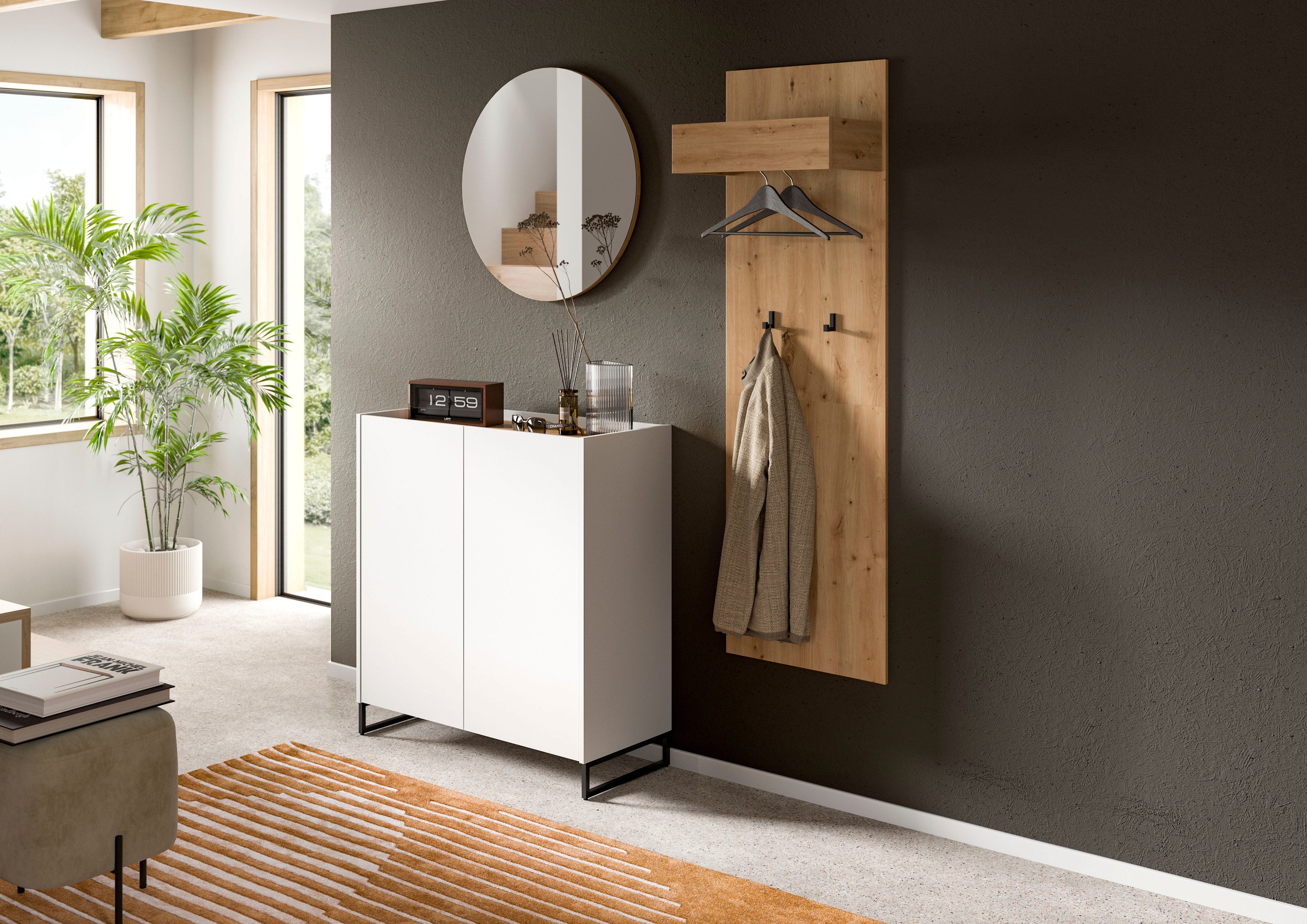 Home affaire Garderoben-Set »EVRID, 3-teilig, Breite 175 cm, individuell stellbar & erweiterbar« best. aus: Kommode, Spiegel & Garderobenpaneel, 3 Stk. tlg.