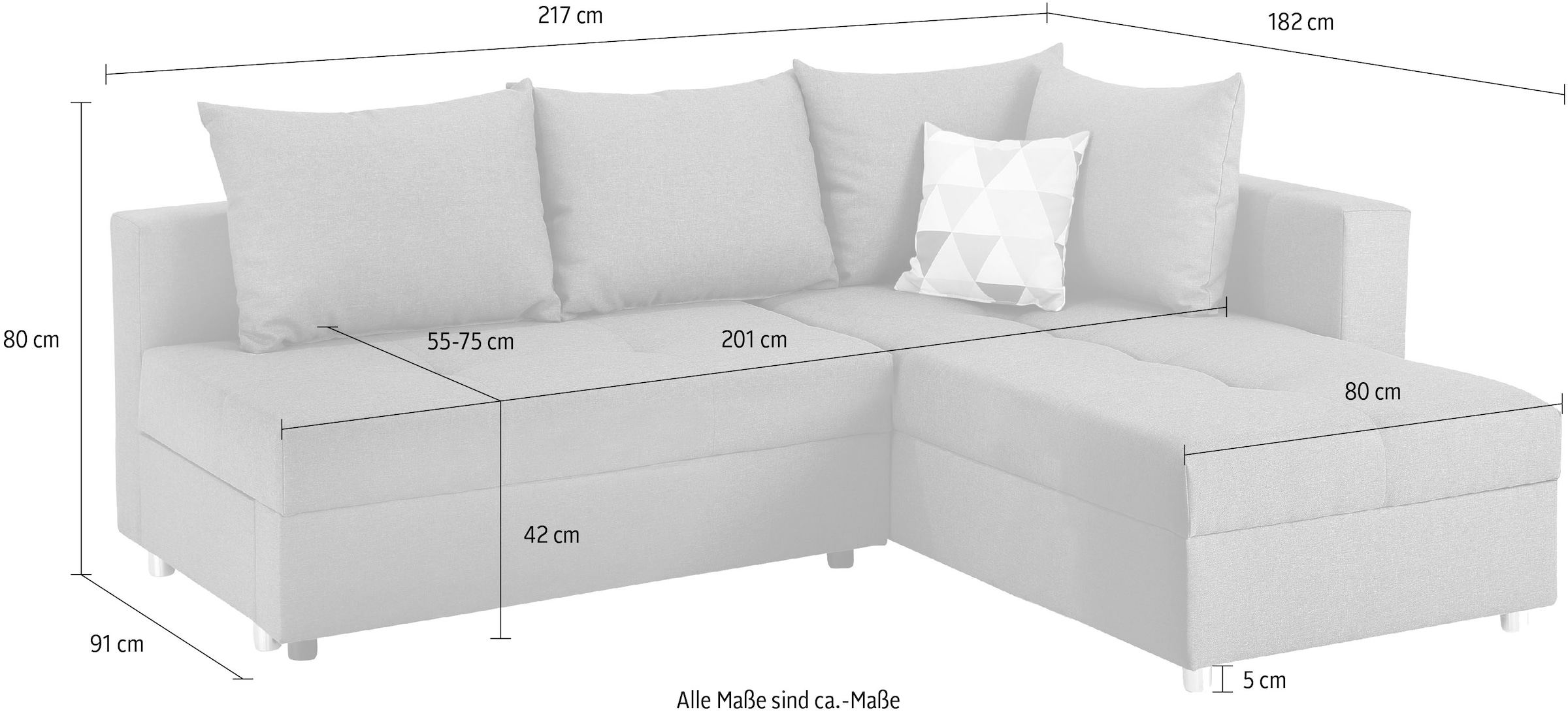 Home affaire Canapé d'angle »Italia L-Form, B: 217 cm« Bettfunktion, Bettkasten & 1 Zierkissen, Federkern