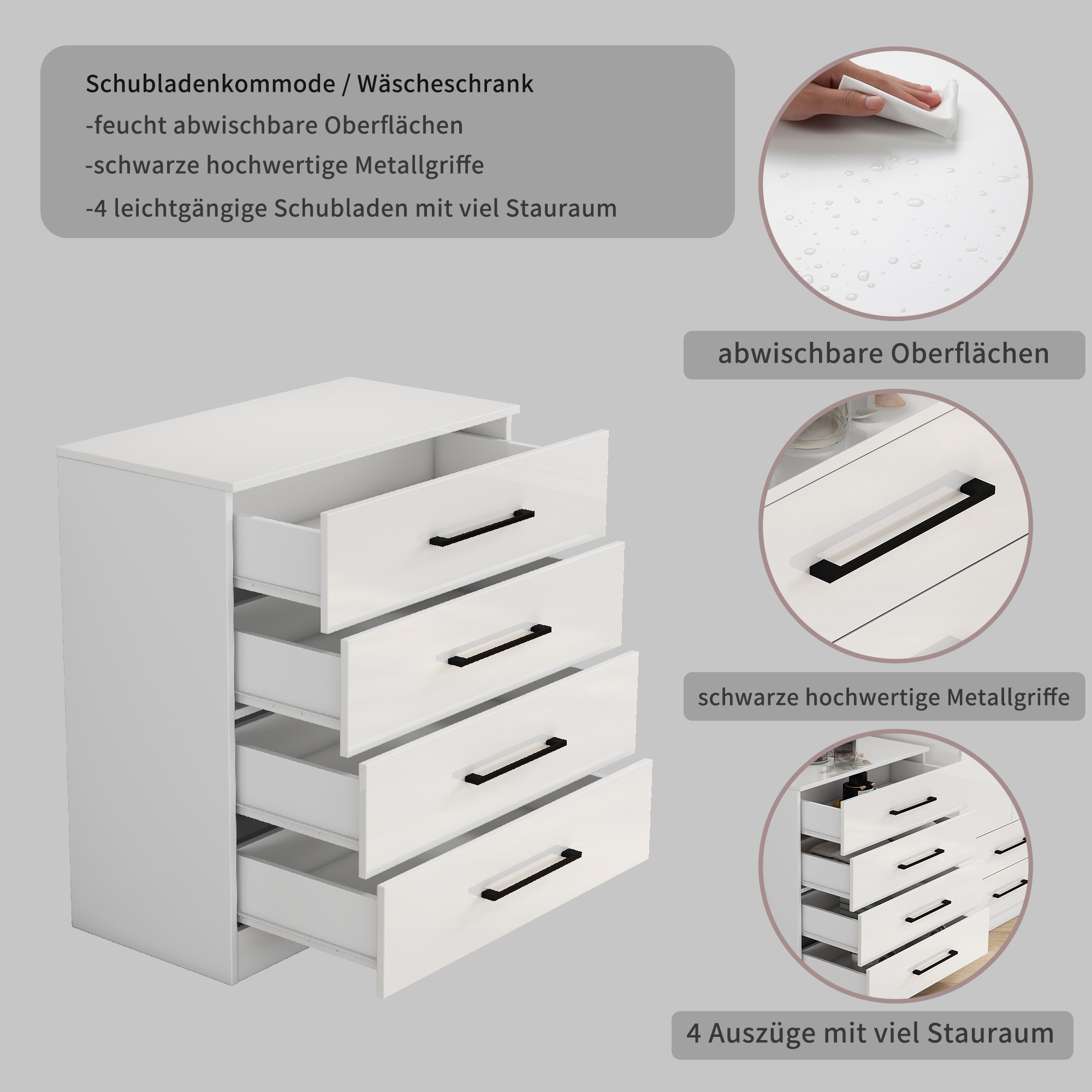 GOODproduct Schubkastenkommode »Sylt Schlafzimmerkommode Kommode Wäscheschrank Bestseller« Viel Stauraum im Schlafzimmer mit hochglänzenden Fronten, 1 Stk. tlg. Beistellschrank mit 4 Schubladen