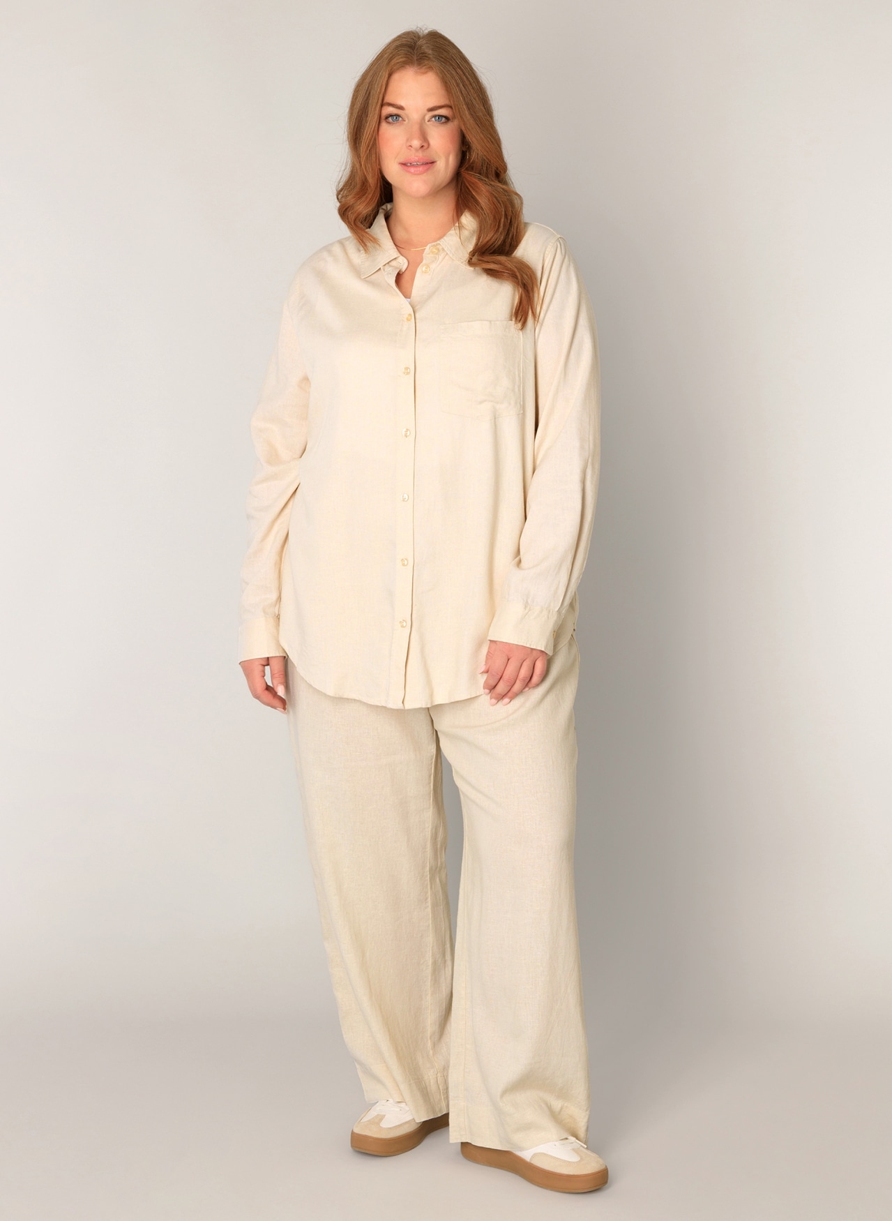 Base Level Curvy Blouse à manches longues »Yaella« mit Knopfleiste und aus Leinen