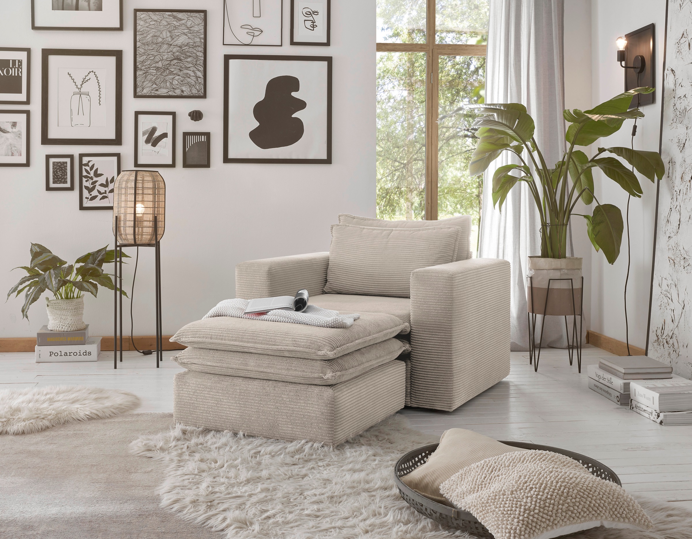 Home affaire Groupe de sièges »PIAGGE« 2 cuis tlg. Velours côtelé de haute qualité, fauteuil et petit tabouret en set