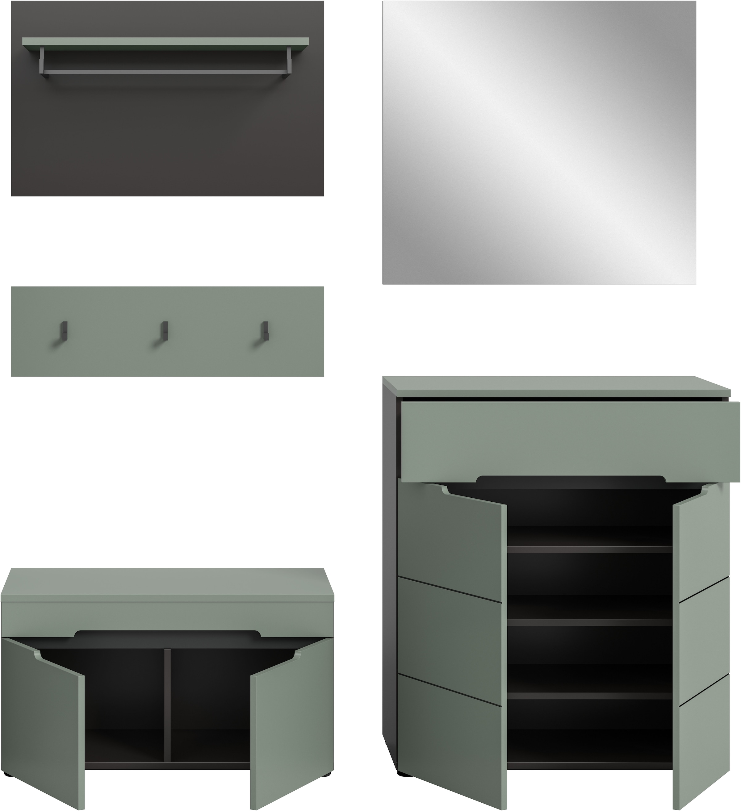 Home affaire Garderoben-Set »REHAT, TOPSELLER!, 5-teilig, Breite 175cm, individuell stellbar« bestehend aus: Sitzbank, Paneel, Hakenleiste, Spiegel, Kommode, 4 Stk. tlg.