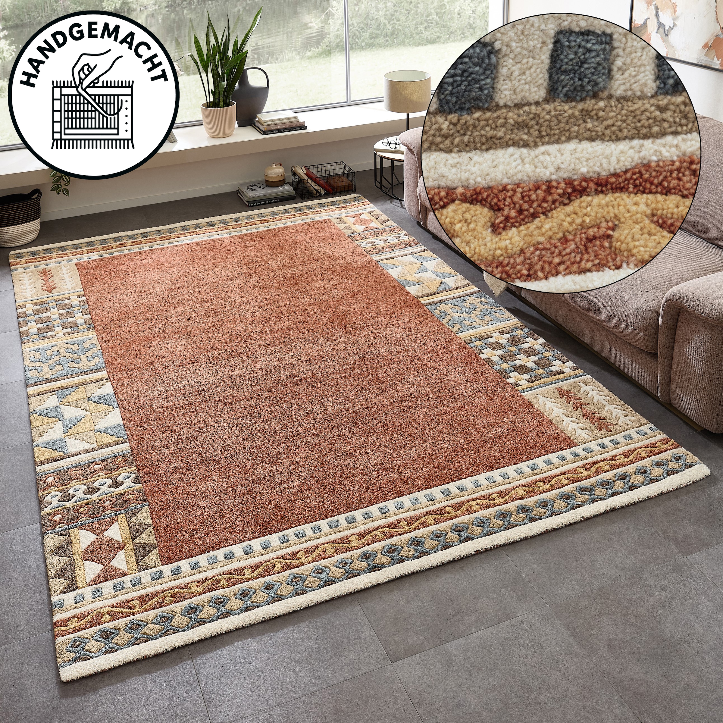 THEKO Tapis en laine »Nuno, reine Wolle,  Handgefertigt, mit Bordüre« Rectangulaire 14 mm Höhe fait main en tuft, salon, chambre, salle à manger, aussi comme coureur