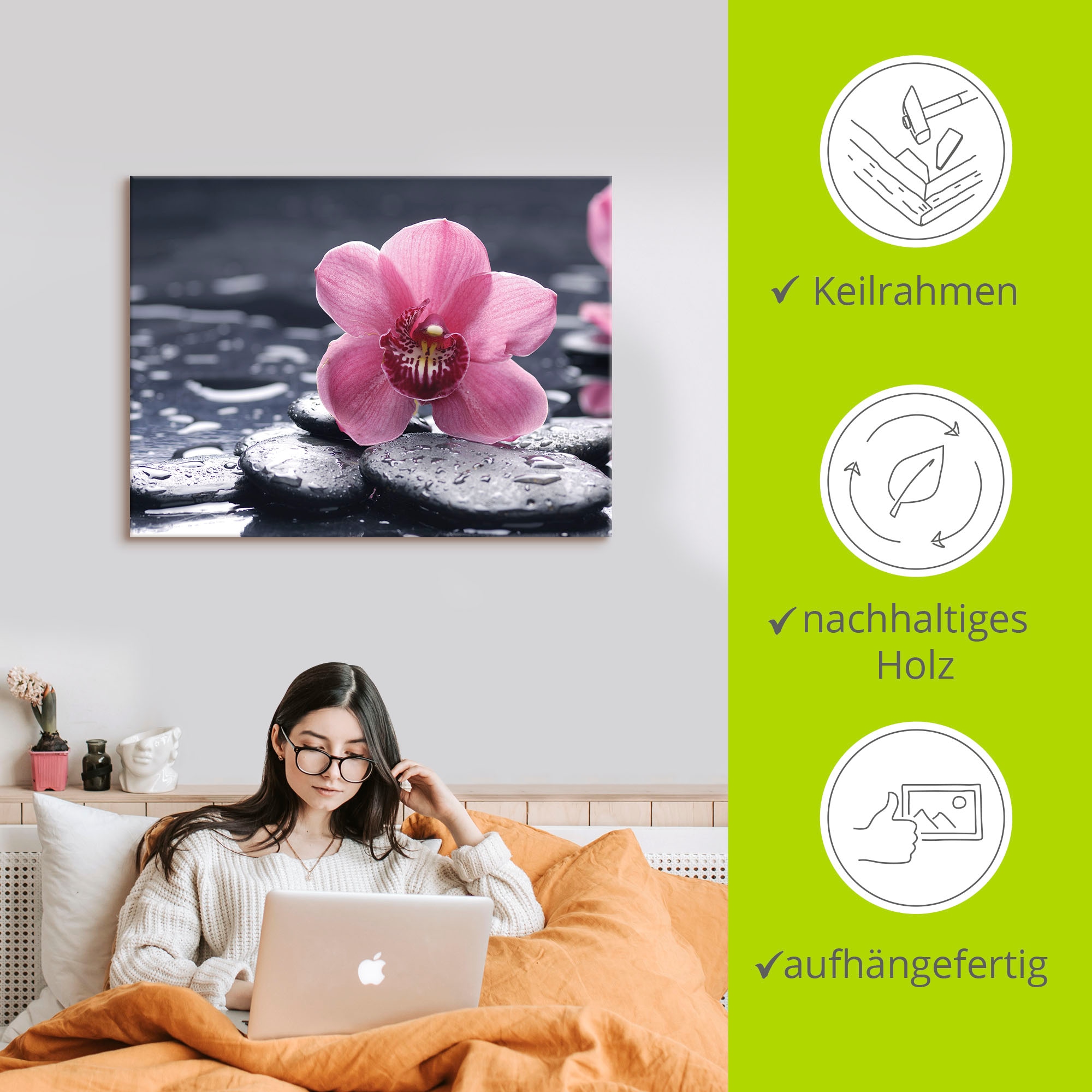 Artland Tableau sur toile »Stillleben mit Kiesel und einer Orchidee« 1 cuis tlg. als Alubild, Outdoorbild, Leinwandbild, Poster, Wandaufkleber