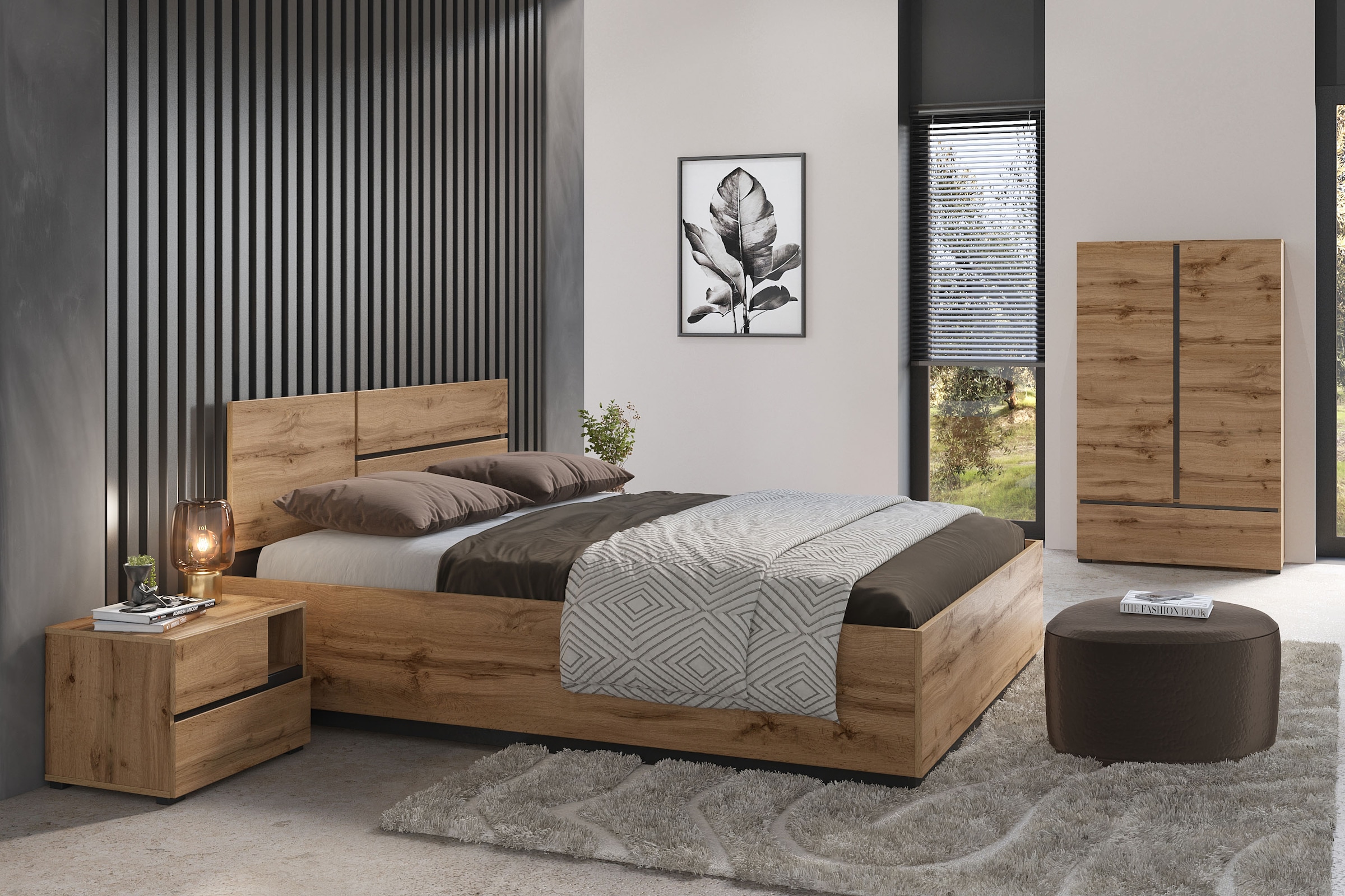 GOODproduct Schlafzimmer-Set »Cross, moderne, grifflose Optik, FSC-zertifiziert« Bett 180x200cm, 2 Nachtkommoden, Schrank 2-oder 4-türig, 4 Stk. tlg. Komplettschlafzimmer-Set