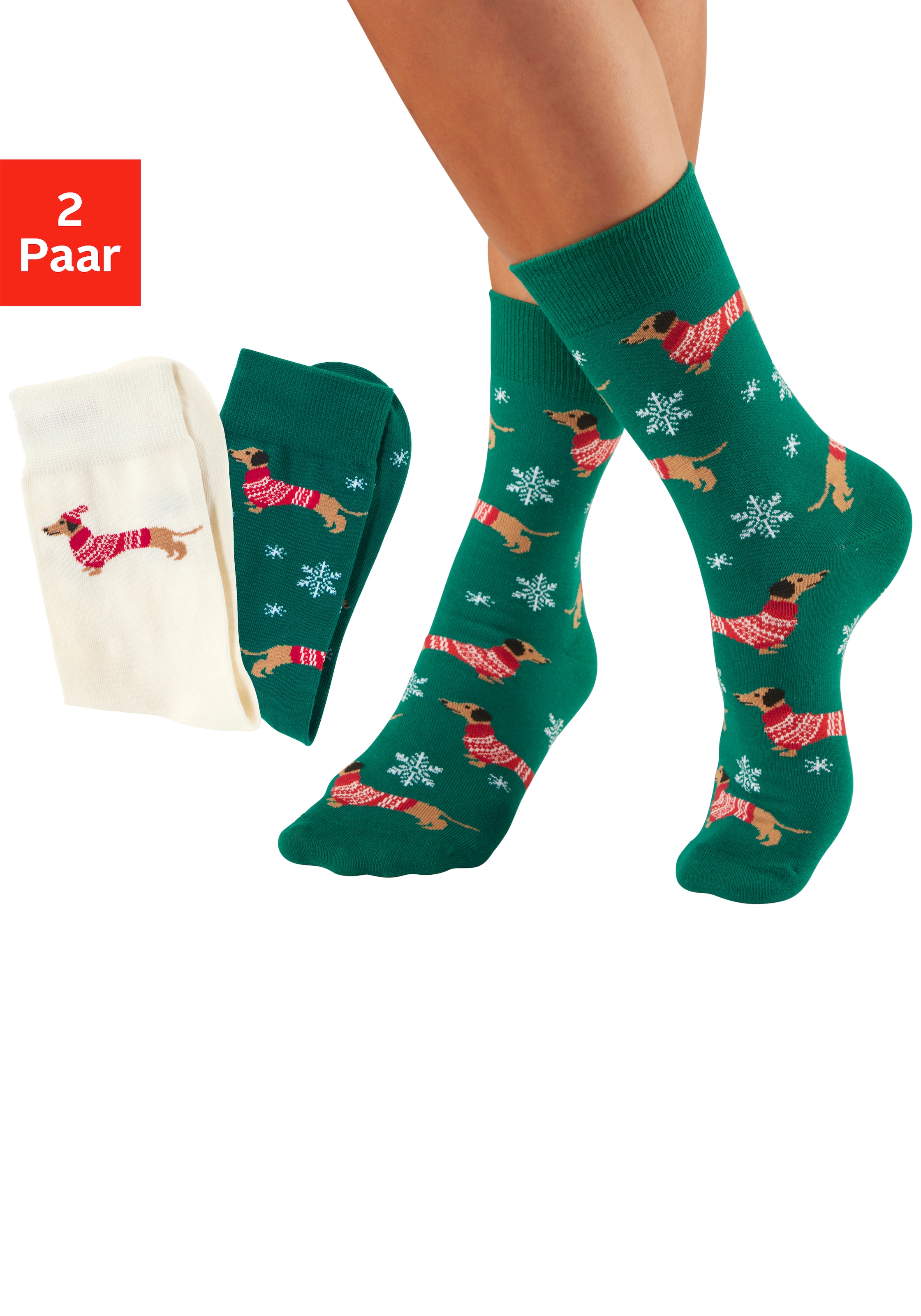 LASCANA Freizeitsocken »Damen Weihnachtssocken Dackel« Packung, 2 Paar tlg. mit festlichen Dackelmotiven