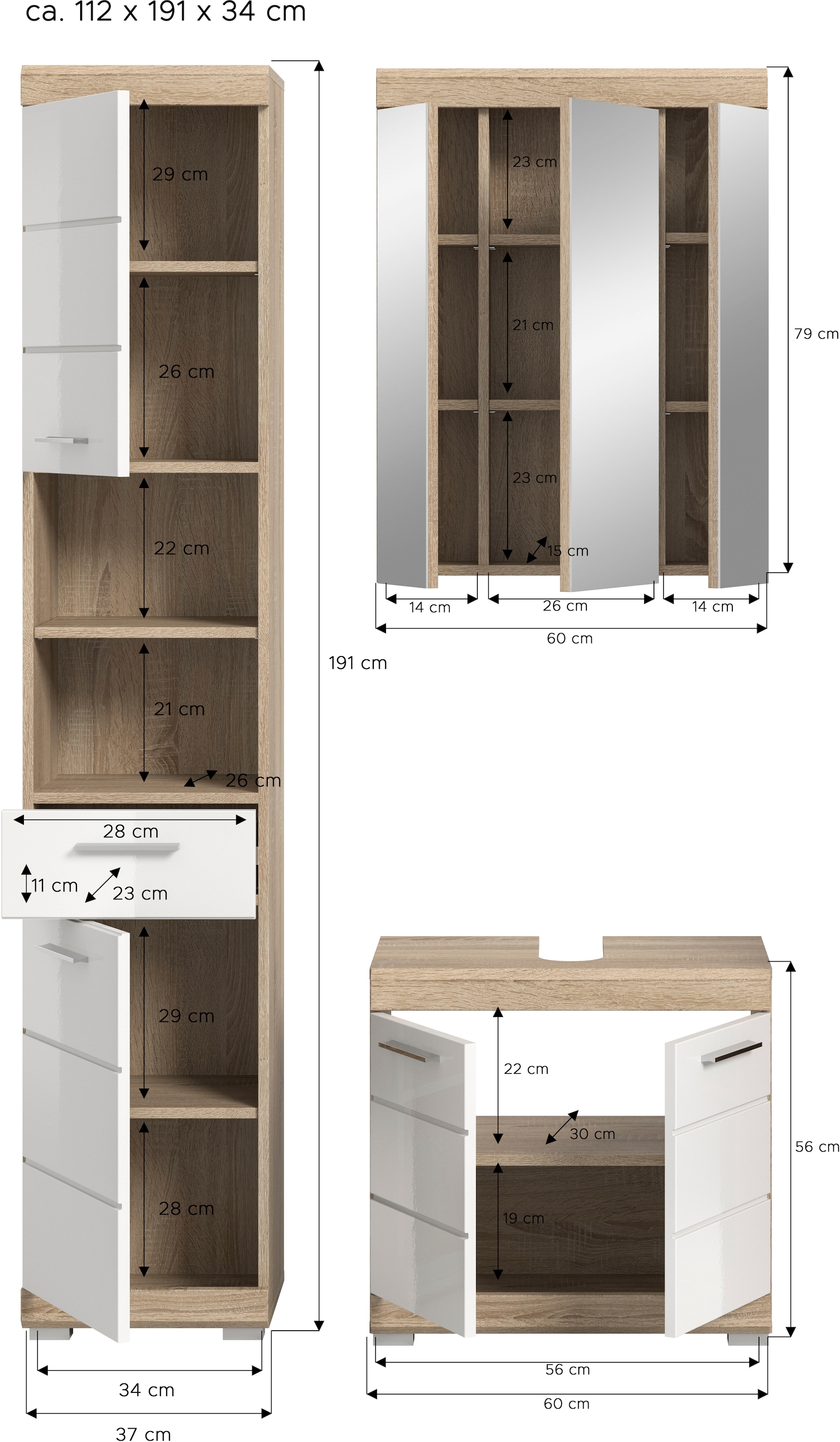 welltime Ensemble de meubles de salle de bain »SIENA, 3 teilig, bestehend aus:« Ensemble, BEST-SELLER !, 3 cuis tlg.