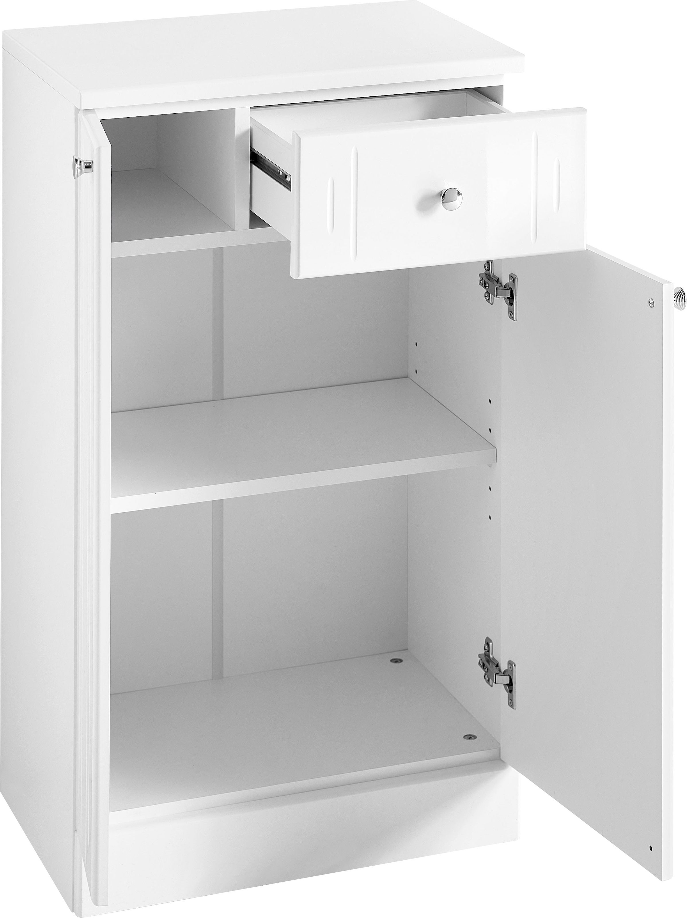 Saphir Armoire basse »Quickset 955 Badschrank mit 2 Türen, 1 Schublade, 50 cm breit« Meuble sous lavabo blanc brillant, poignées chrome brillant