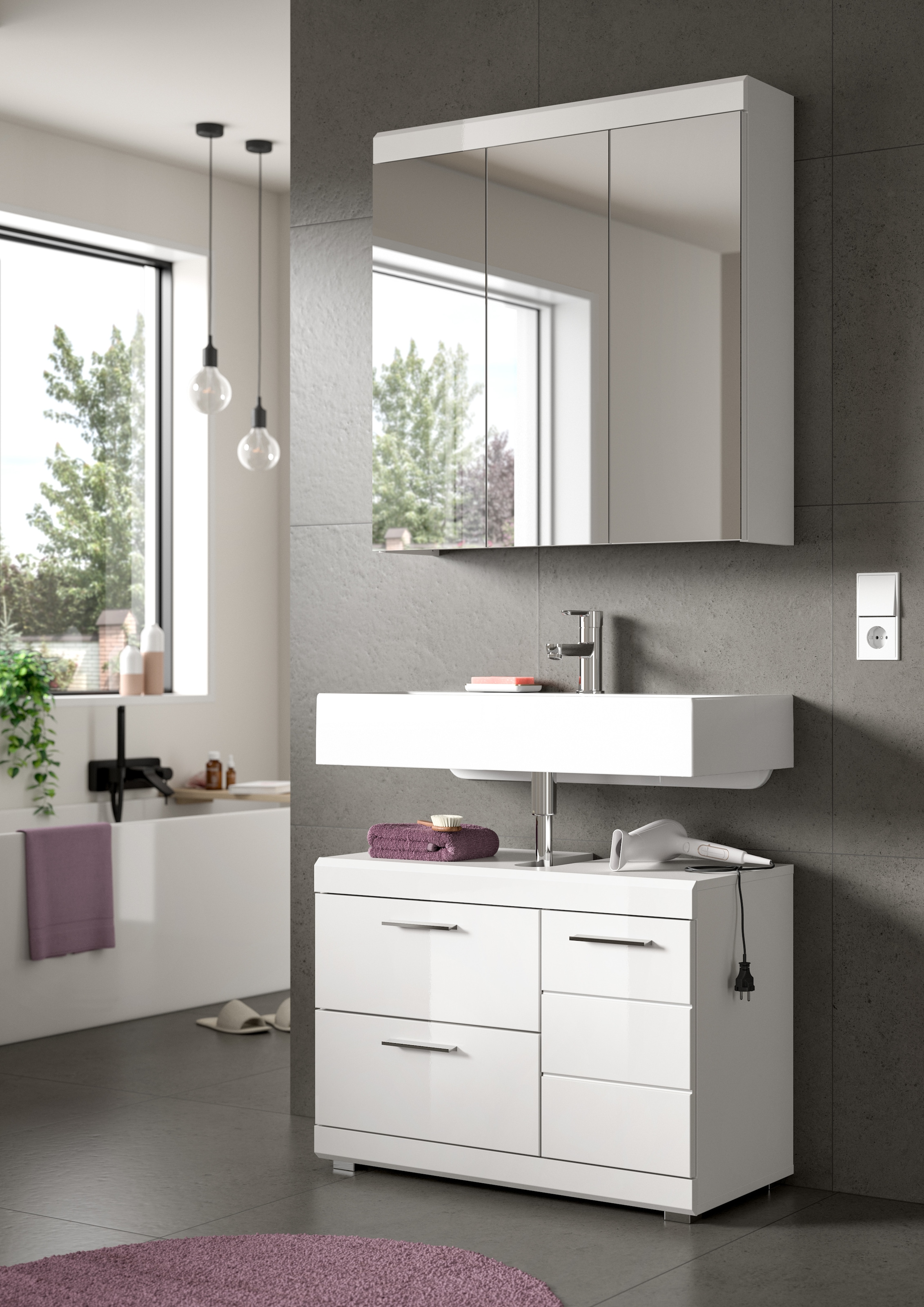 welltime Badmöbel-Set »SIENA, 2-teilig, Waschbeckenunterschrank & Spiegelschrank, MDF-Front«