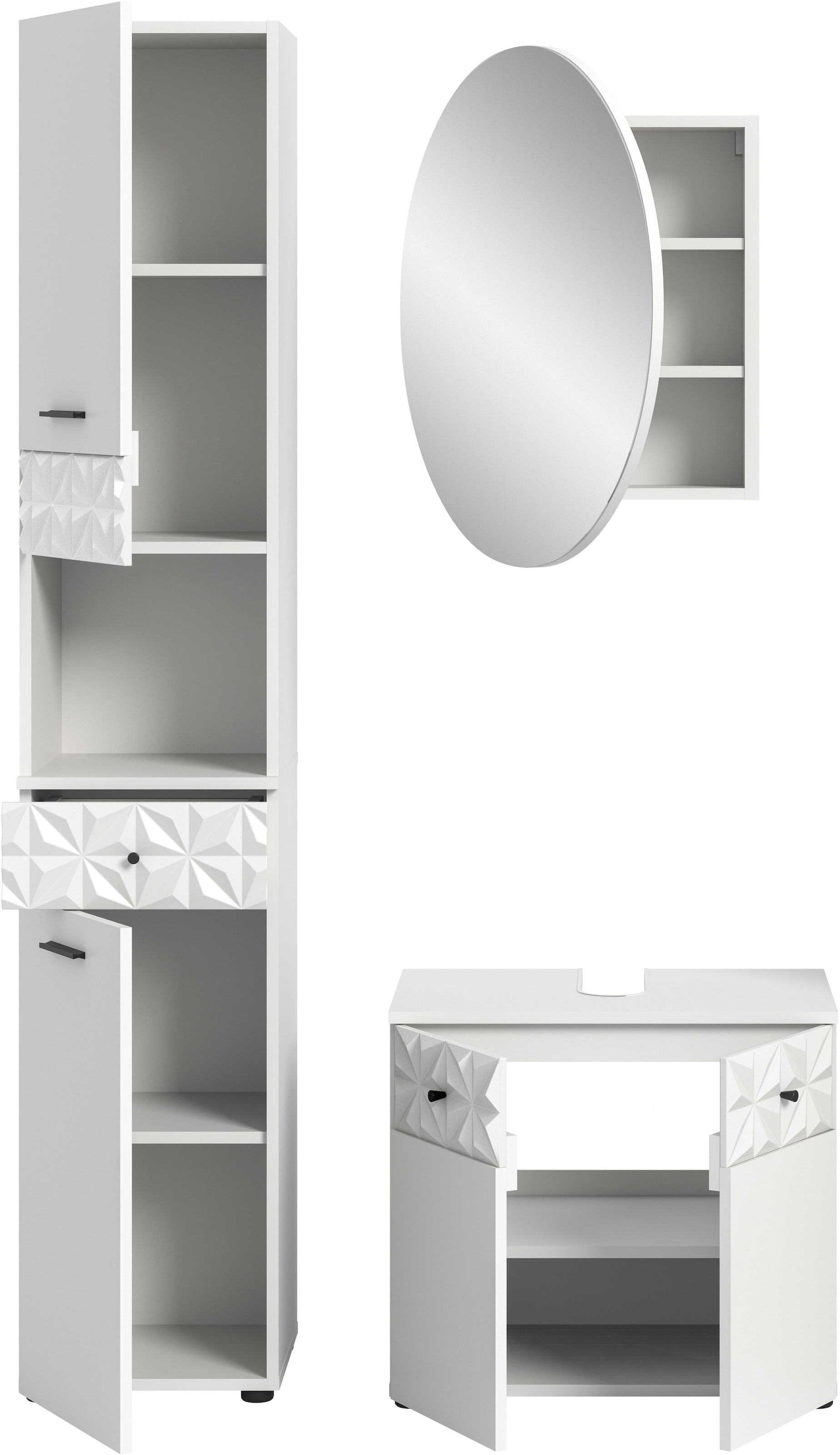 INOSIGN Badezimmer-Set »VICENZA, TOPSELLER!, Breite 110cm, 3-teilig, mit Ornamentabsetzung« best. aus: Hochschrank, Waschbeckenunterschrank und Spiegelschrank, 