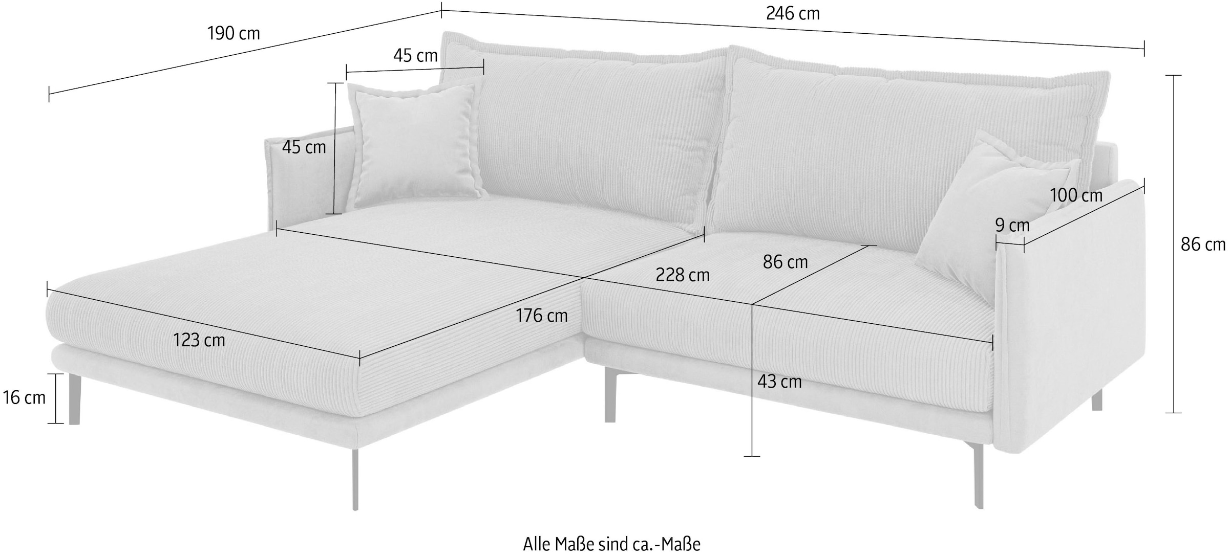 INOSIGN Canapé d'angle »ALEXANDRIA mit Recamiere rechts oder links bestellbar, moderne Bezüge« L-Form mit Wellenunterfederung, Masse: B/H/T 246/86/190 cm