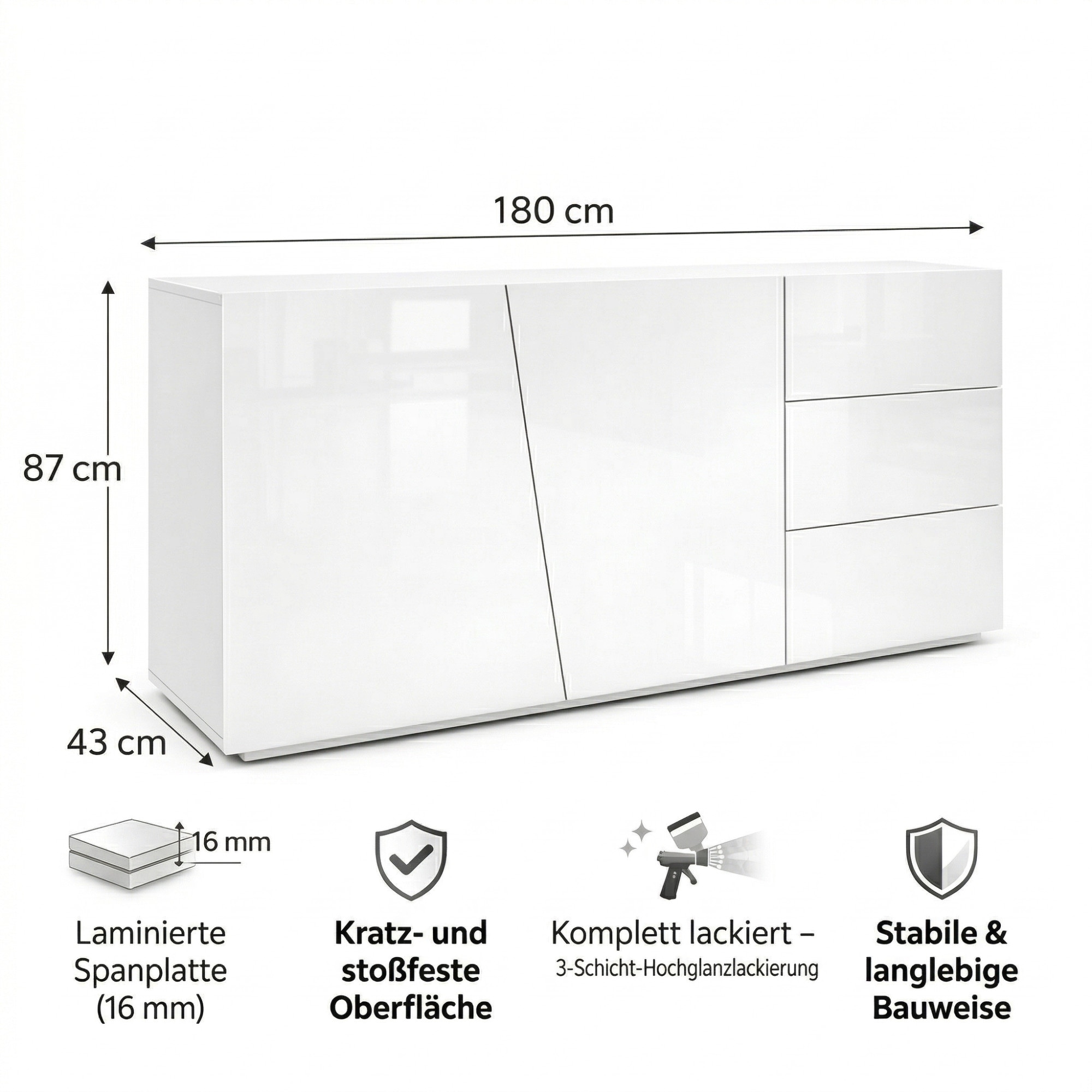 GOODproduct Kommode »San Remo, Kombikommode, Sideboard, mit viel Stauraum, Hochglanz« Moderne Kommode, UV-lackiert, grifflos, push-to-open-Funktion, B=180cm